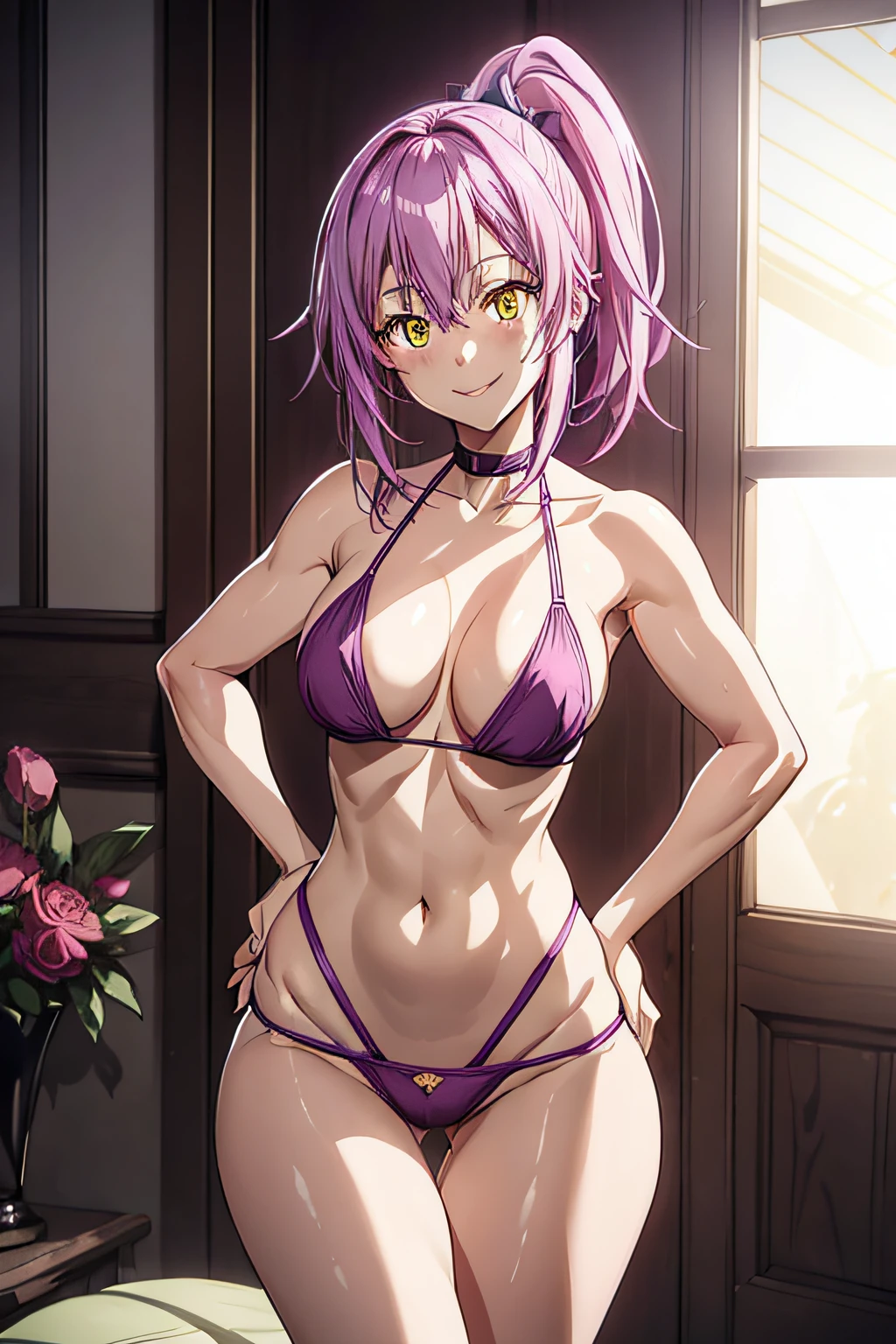 1 girl from an anime with purple hair, in the room with her hands on her hips, big ass, 1girl, solo, smiling at me, yellow eyes, petals, messy pink hair, ((tension)), ((last)), using a thong bikini, side ponytail, toned legs, thick muscular thighs, thin waist, muscular belly, barefoot, 8K, ultra realistic, standing