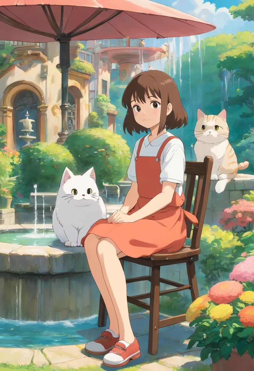 A girl sits on a chair with a round-eyed cute cat, Garden fountain, , Distant houses.