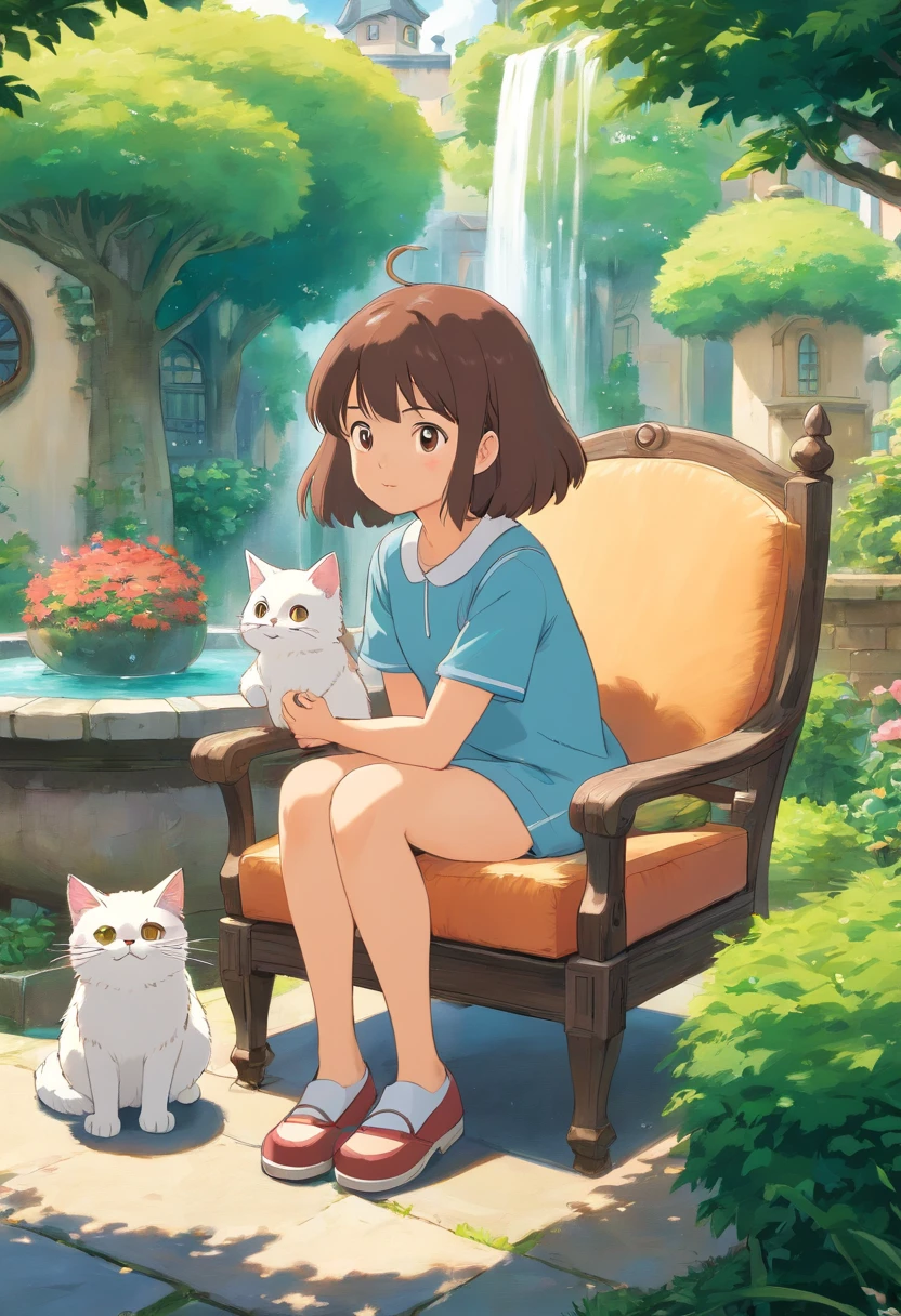 A girl sits on a chair with a round-eyed cute cat, Garden fountain, , Distant houses.
