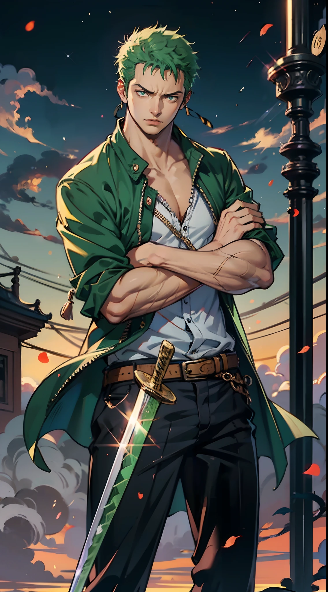 (Quality 4k),Roronoa Zoro, 1 boy, with sword, pose battle