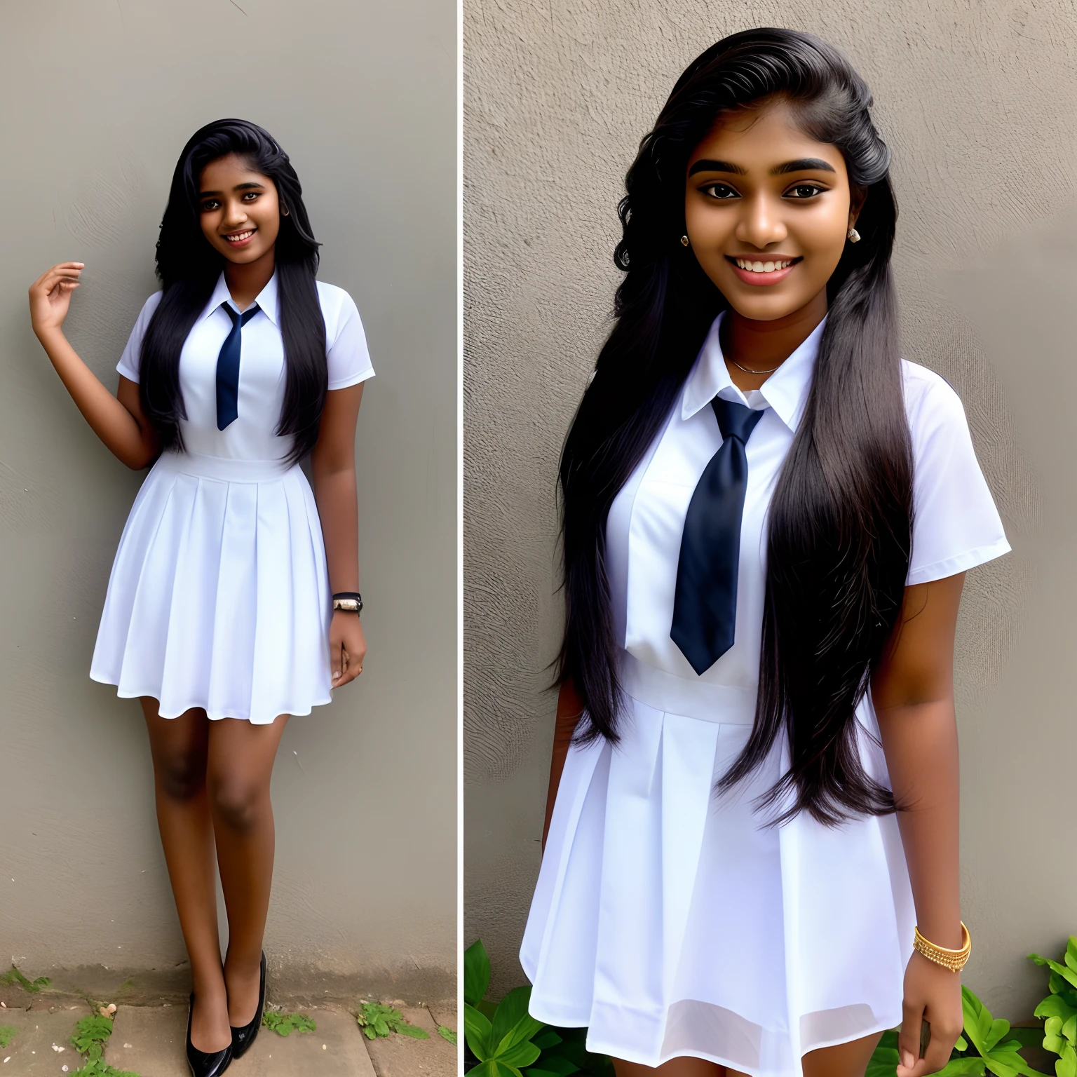 Realistic,A 17-year-old Sinhala beautiful Sri Lankan cute girl wore a A white school short dress, coloured Tie, beautiful face, beautiful, black long hair, smile, full body,slim.