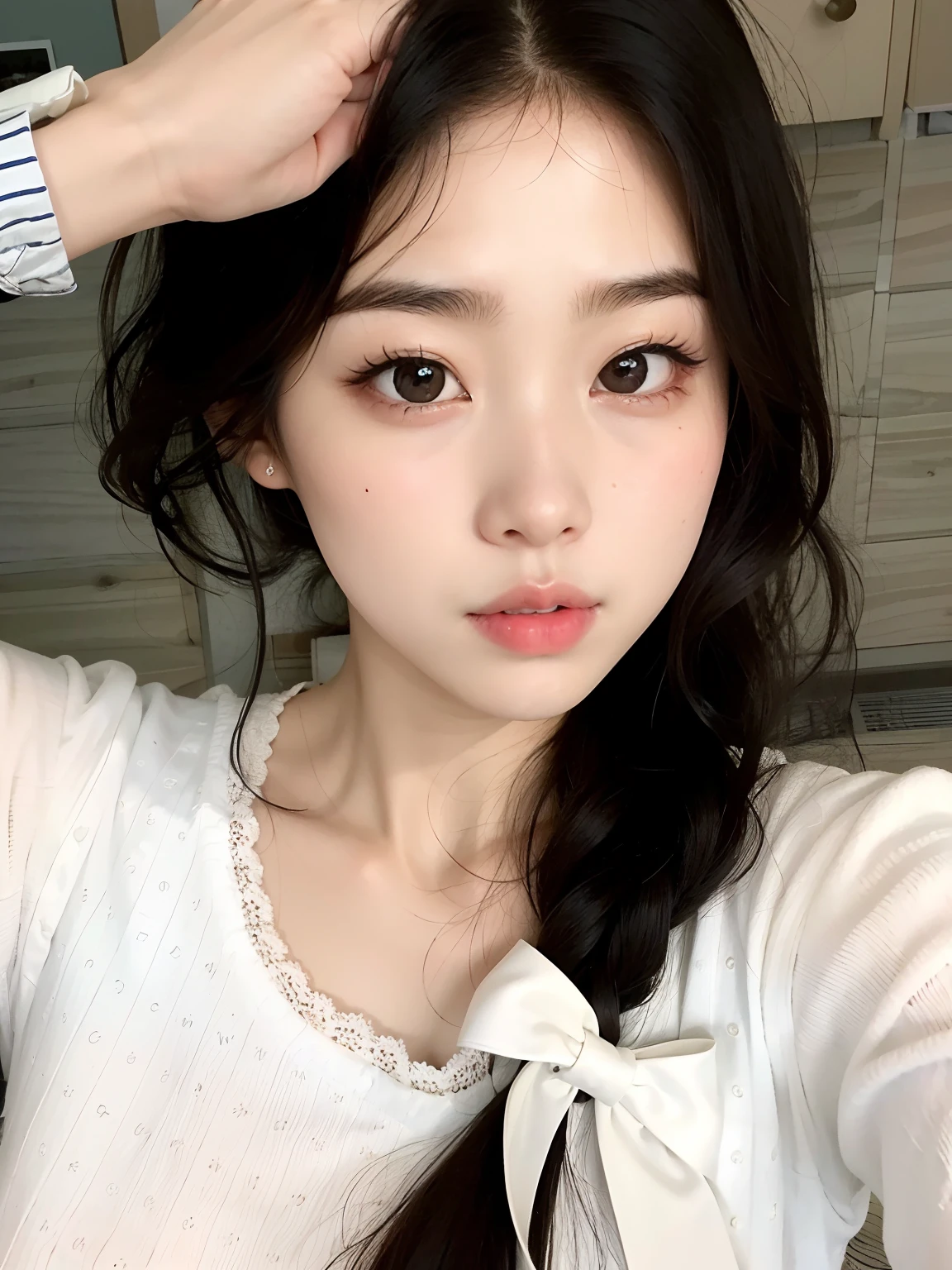 there is a woman with long hair and a white shirt, maquiagem sul-coreana popular, maquiagem coreana popular, Ulzzang, young adorable korean face, korean face features, wan adorable korean face, mulher coreana jovem bonita, linda mulher coreana jovem, Mulher sul-coreana bonita, menina coreana, Jinyoung Canela, beautiful aesthetic face, young cute wan asian face, bonito redondo olhos inclinados
