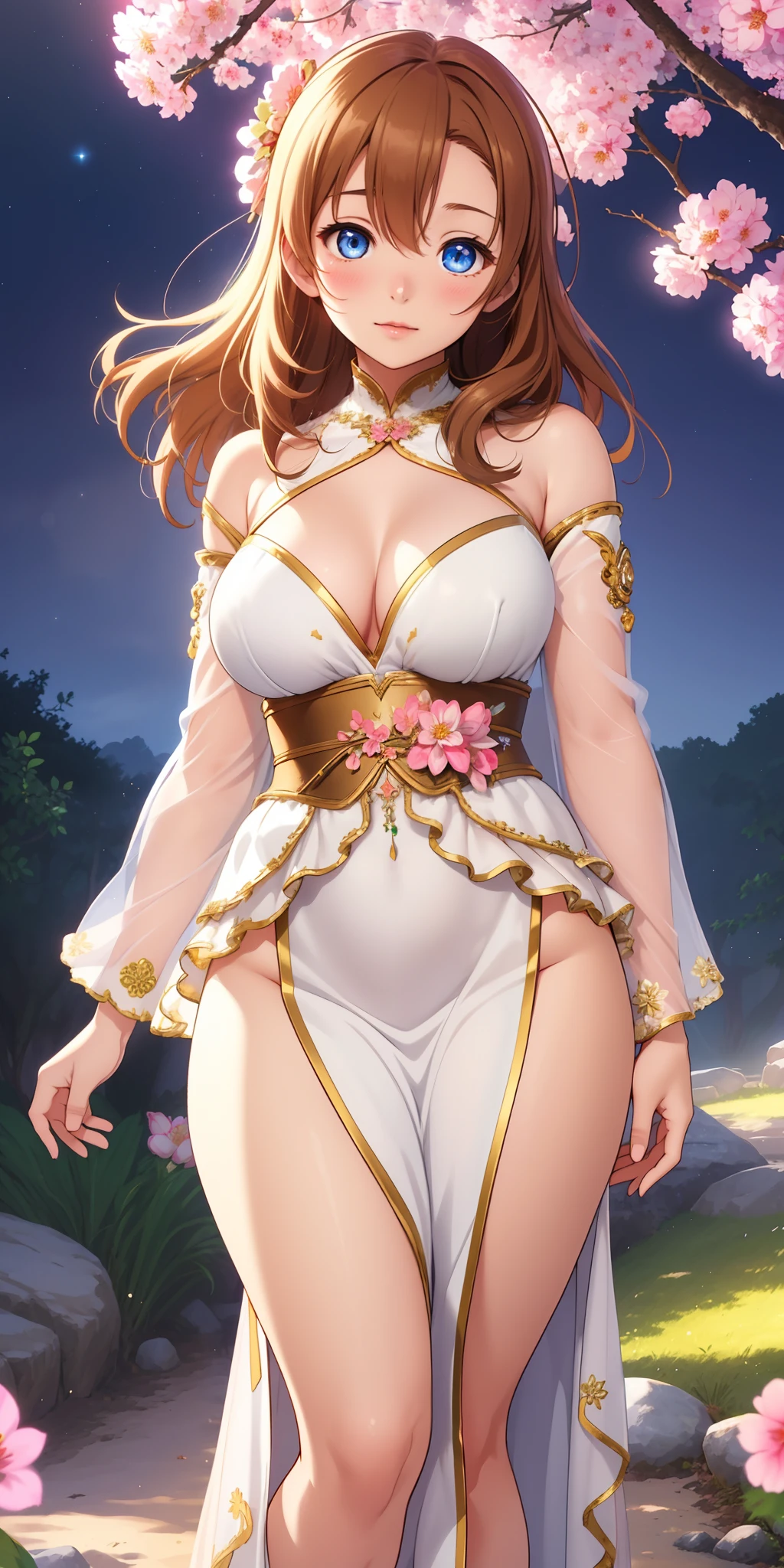(best quality, realistic:1.2), kousaka honoka, long hair, stunning eyes, mesmerizing glowing eyes, long dress with sleeves, delicate blush, enchanting night scenery, blooming flowers under the moonlight, warm sunlight filtering through the branches and casting a gentle glow, (curvy body), goddess, (torn clothes:1.3)