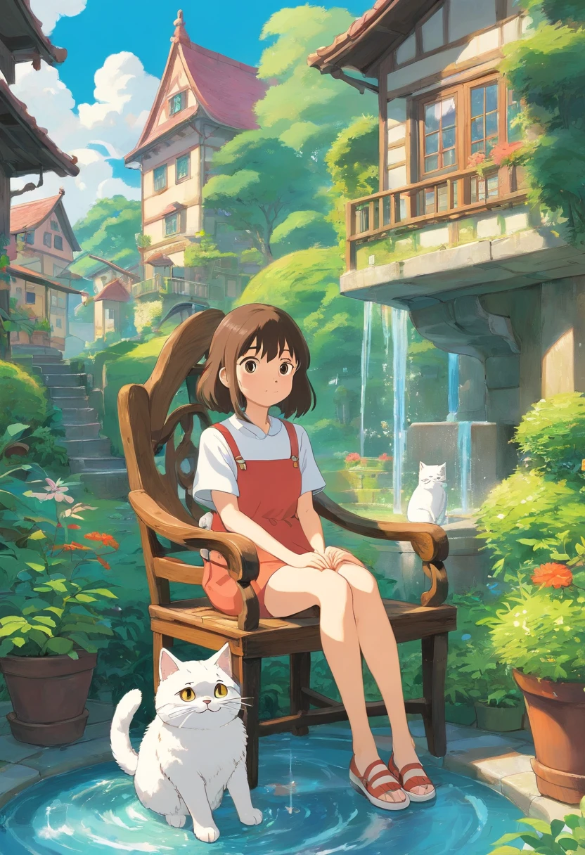 A girl sits on a chair with a round-eyed cute cat, Garden fountain, , Distant houses.