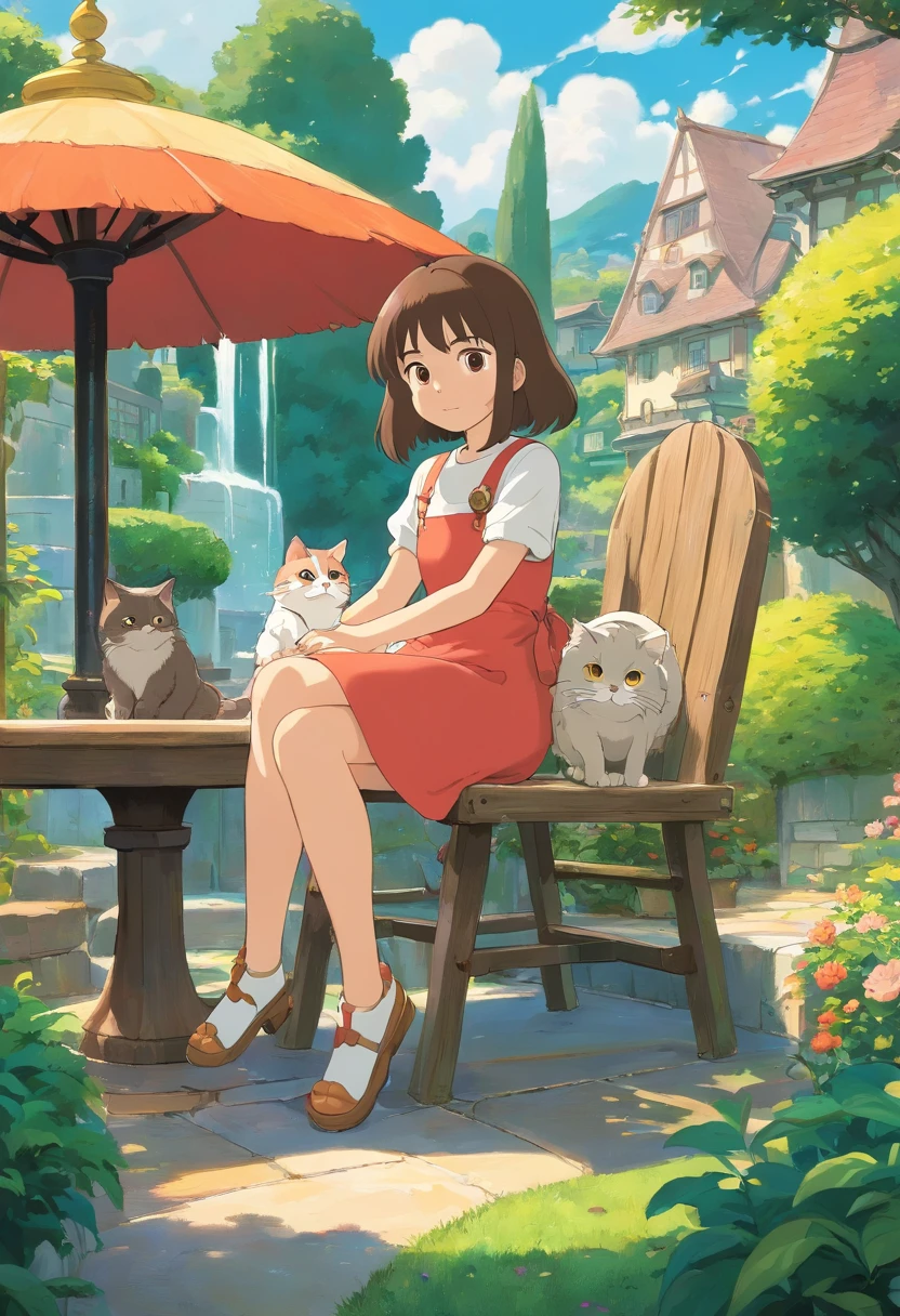 A girl sits on a chair with a round-eyed cute cat, Garden fountain, , Distant houses.