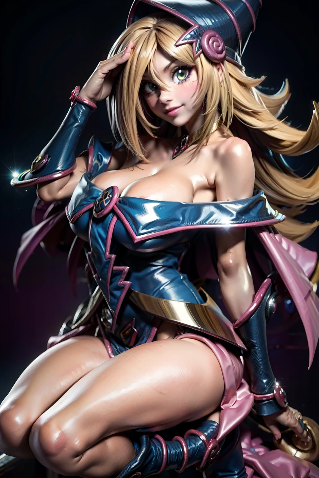 anime, Mujer, solamente, Cabello largo, They are smiling, debajo de los senos, cabello rubio dorado, cabello lacio desordenado, cabello encrespado, ojos amarillos dorados, cuerpo completo, Orejas de caballo, Conjunto de punk rock, pose seductora, hot, , desnuda, pose sexy y atractiva . Magic background and circles