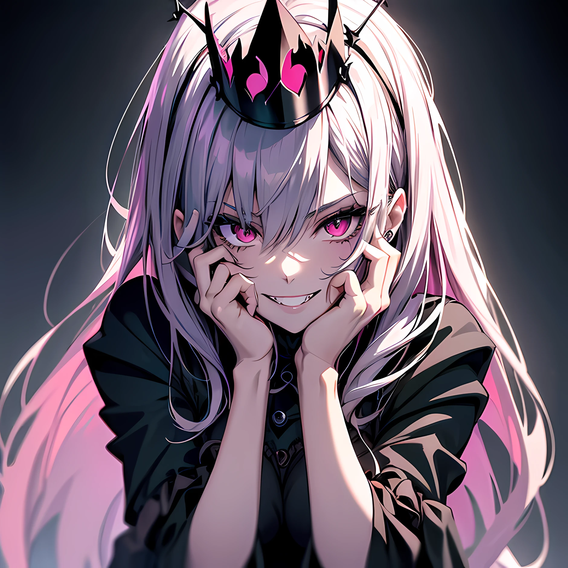 a close up of a gothic psycho obsessed vampire girl with fangs smiling like a psycho with a Black modern dress with her hands on her face, with a crown of thorns, Barbie aesthetic, anime style, Dull colors Ghibli scene Ghibli background, retro 90s anime aesthetic --niji