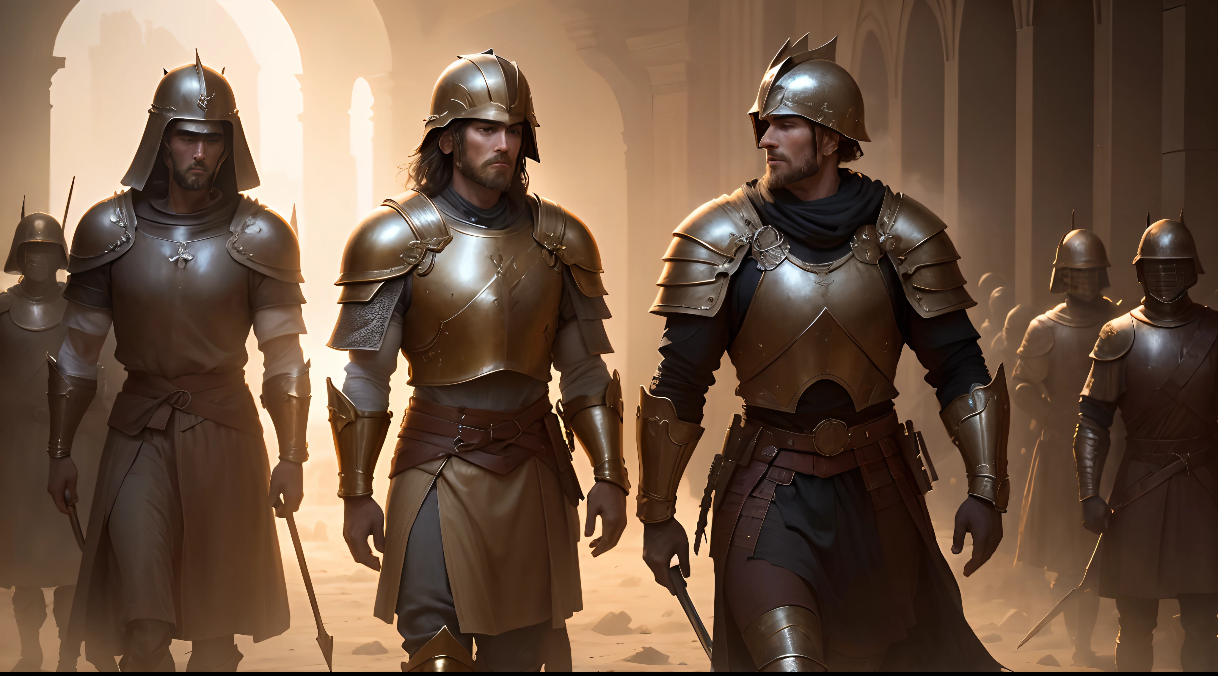 (best quality,highres,masterpiece:1.2),detailed face and body of a biblical soldier,life-like:1.37,ancient medium,realistic armor, gleaming gold helmet,bronze breastplate and shield,weathered leather sandals,expressive eyes with determination and strength,firmly set jaw,muscular physique,standing tall and proud amidst a chaotic battlefield,overwhelming power, surrounded by dark smoke and ashes of destruction,intense sunlight casting dramatic shadows,brave and fearless stance,ready for battle and willing to sacrifice,historical painting style,deep and rich color palette,illuminated by warm golden light,majestic and powerful presence,conveying the heroism and courage of biblical warriors.