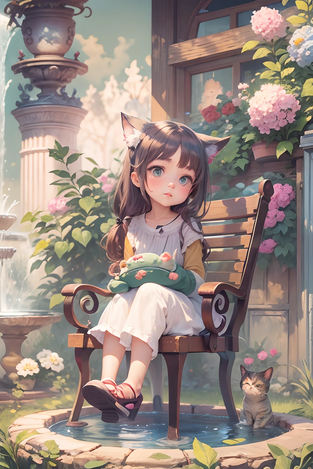 A girl sits on a chair with a round-eyed cute cat, Garden fountain, , Distant houses.