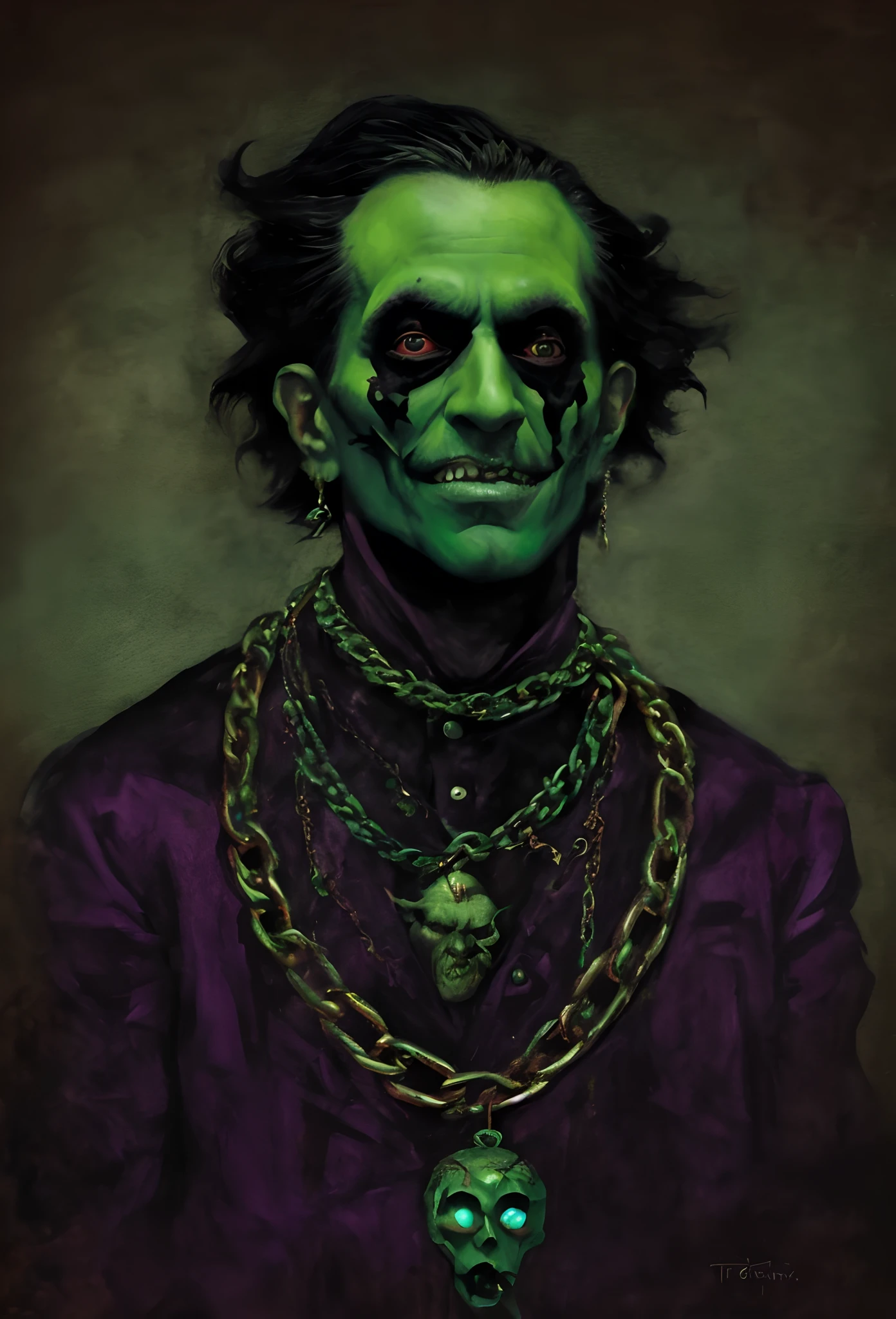Painting of a man with a green face and a chain around his neck, retrato verde do duende, Retrato do Coringa, Retrato do Coringa, Frankenstein bonito, Jim Carrey como o Coringa, Directed by: Todd Lockwood, Jerma985 como o Coringa, Retrato de um Coringa, como o coringa, Christopher Lloyd como o Coringa, Batman como o Coringa