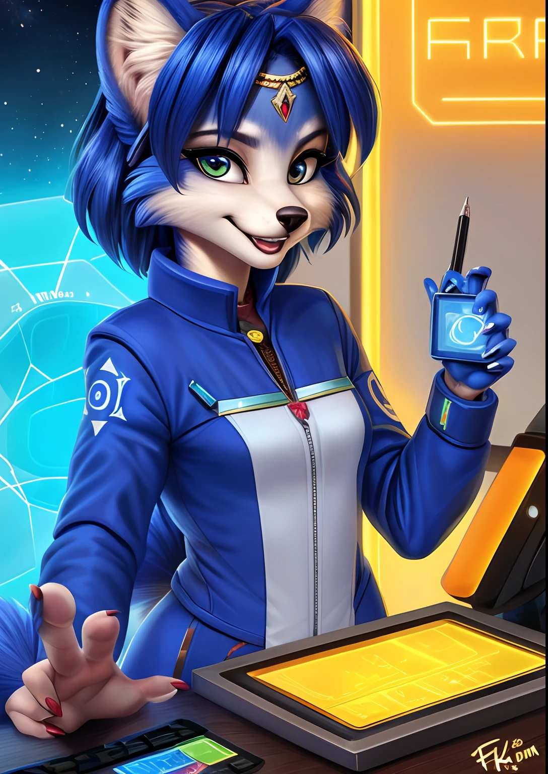Un hermoso y detallado (Lindo retrato) de ((Krystal)), Estrella Fox Krystal, flaco, adorable, ojos verdes, small breasts, Spacesuit, Writing on a holographic computer, escote, sonrisa, Mirando hacia arriba,, Anthro, peludo, holographic display, Science-Fiction, subido e621, Pelaje esponjoso detallado, (por fluff-kevlar, Bayard Wu, Personalami, Pino Daeni), Cara detallada, (peludo), condom