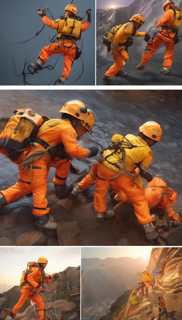 chineseidol，Personnel conducting rope rescue training，(A group of climbers:1.1),Rescue operations,action sports,Climbing,mountain peaks,Cord,challenge,highly,Courage,(Heroic rescue scene:1.2),Emergency Response Team,full body shot of, (Jaw-dropping effect), ,(Studio lighting), hyper HD, International Association of Rope Technology,Explore boldly,Rope rescue techniques，Create a studio-like environment, Enhance visual impact