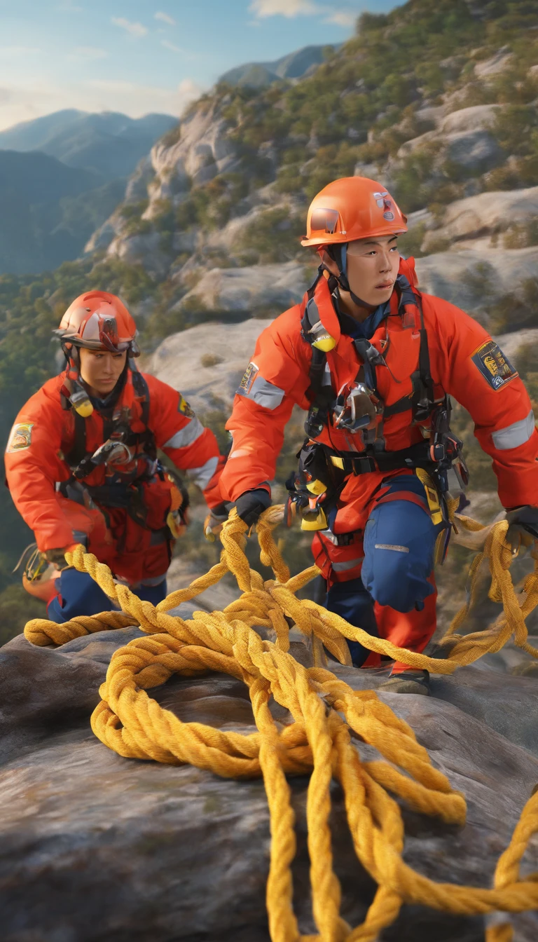 chineseidol,Personnel conducting rope rescue training,(A group of climbers:1.1),Rescue operations,action sports,Climbing,mountain peaks,Cord,challenge,highly,Courage,(Heroic rescue scene:1.2),Emergency Response Team,full body shot of, (Jaw-dropping effect), ,(Studio lighting), hyper HD, International Association of Rope Technology,Explore boldly,Rope rescue techniques,Create a studio-like environment, Enhance visual impact
