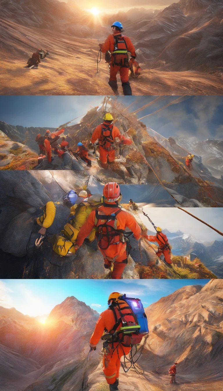 chineseidol,Personnel conducting rope rescue training,(A group of climbers:1.1),Rescue operations,action sports,Climbing,mountain peaks,Cord,challenge,highly,Courage,(Heroic rescue scene:1.2),Emergency Response Team,full body shot of, (Jaw-dropping effect), ,(Studio lighting), hyper HD, International Association of Rope Technology,Explore boldly,Rope rescue techniques,Create a studio-like environment, Enhance visual impact