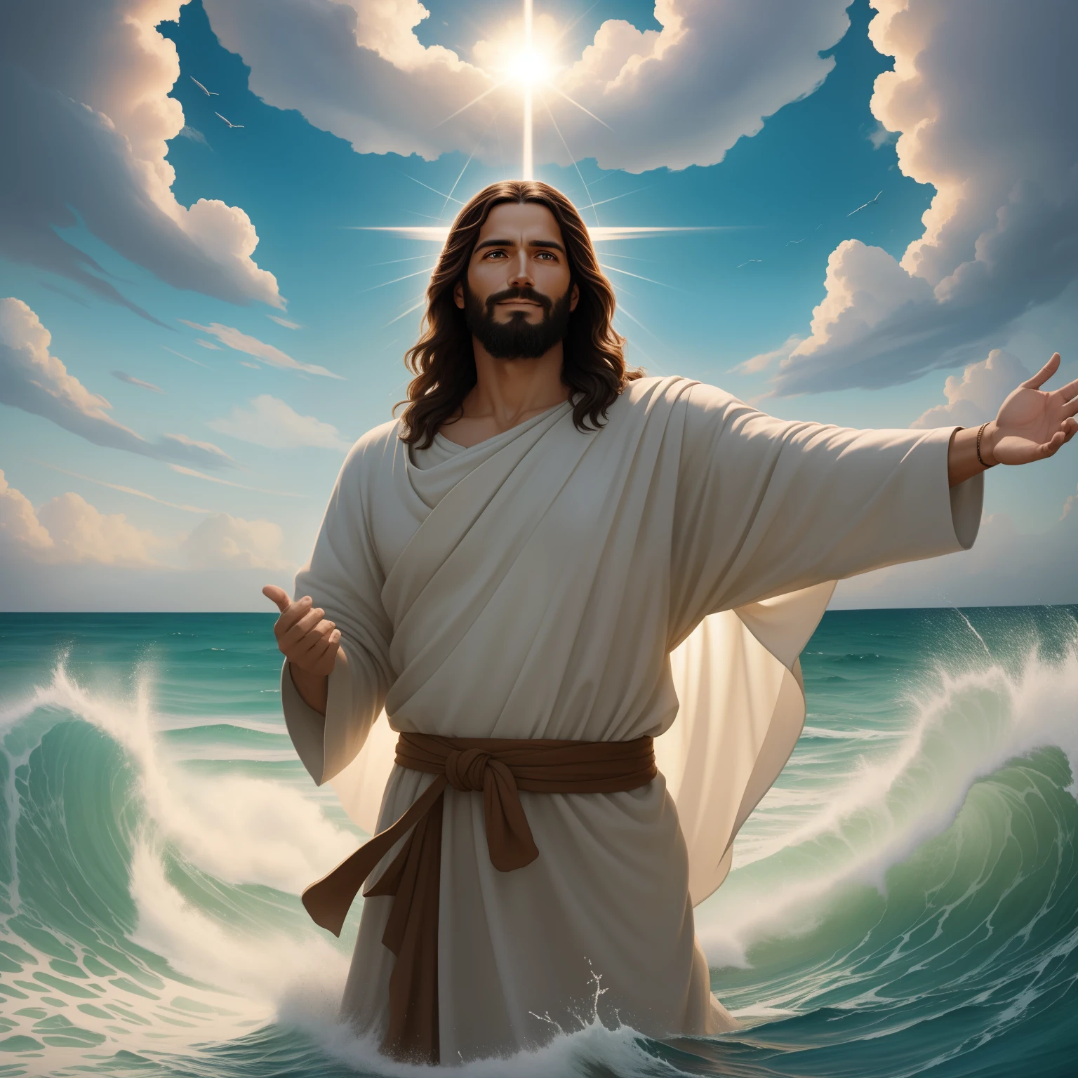 Um belo retrato realista ultra-fino de Jesus, O Profeta, um homem 35 anos morena hebraica, cabelos castanhos curtos, olhos perfeitos reais, barba marrom longa, com, Ajudando Pessoas , wearing long linen tunic closed on the breast part, em vista frontal, corpo inteiro, biblical, Realistic,by Diego Velázquez,Pedro Paulo Rubens,Rembrandt,Alex Ross,8k, arte conceitual, fotorrealista, Realistic, illustration, oil painting, Surrealismo, hiper-realista, Ajudando Pessoas , arte digital, Estilo, watercolorReal Jesus flying in the sky with a flying cloud in the background, Jesus walking on water, biblical illustration, epic biblical representation, forcing him to flee, saindo do oceano, ! holding in his hand!, Desembarcar, Deus do Oceano, beautiful depiction, Modelo 3D 8k, Realistic,
a realistic 3D of Jesus with a halo in the sky, Jesus Cristo, Smiling in the sky, Retrato de Jesus Cristo, rosto de Jesus, 35 jovem deus todo-poderoso, Retrato de um Deus Celestial, Greg Olsen, Jesus Gigachad, jesus of nazareth, Jesus, A face de Deus, Deus olhando para mim, he is greeting you warmly, he is happy, image of avatar in the upper sky of the sky