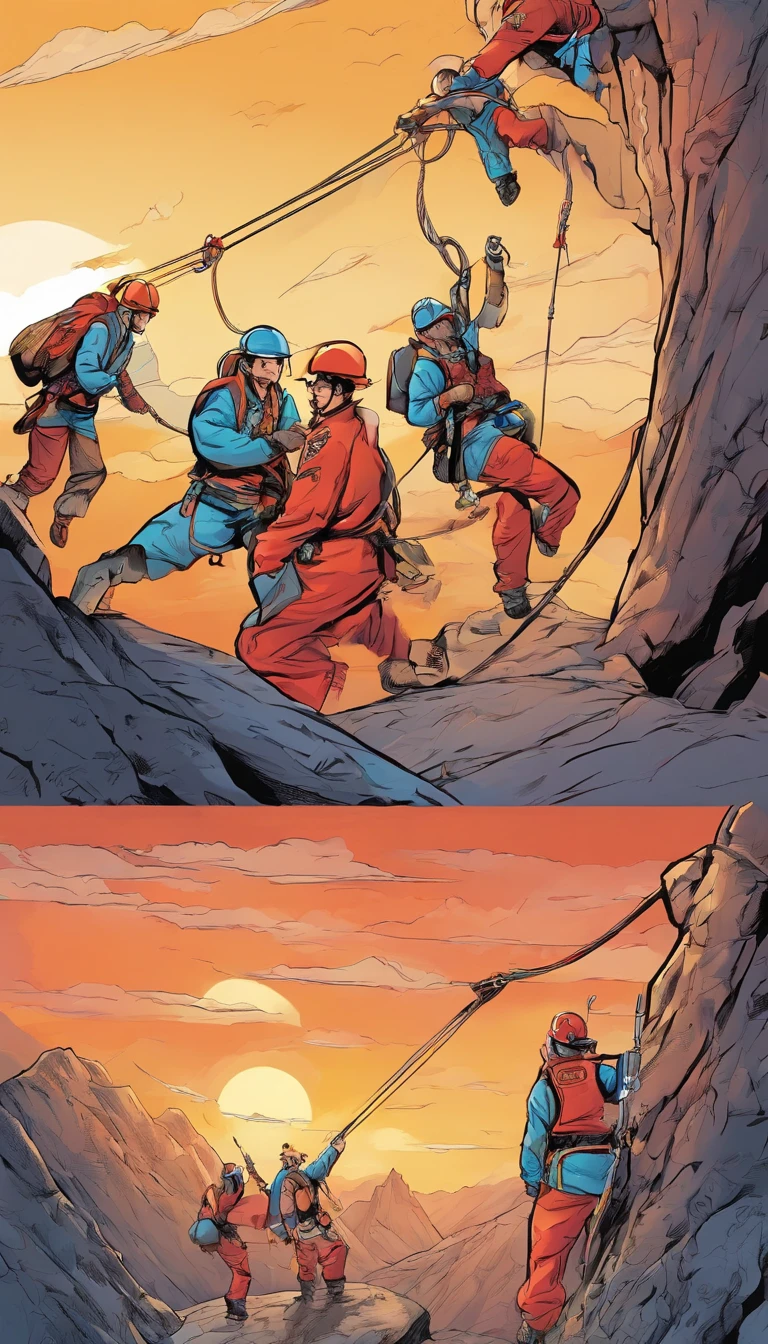 chineseidol,Personnel conducting rope rescue training,(A group of climbers:1.1),Rescue operations,action sports,Climbing,mountain peaks,Cord,challenge,highly,Courage,(Heroic rescue scene:1.2),Emergency Response Team,full body shot of, (Jaw-dropping effect), ,(Studio lighting), hyper HD, International Association of Rope Technology,Explore boldly,Rope rescue techniques,Create a studio-like environment, Enhance visual impact