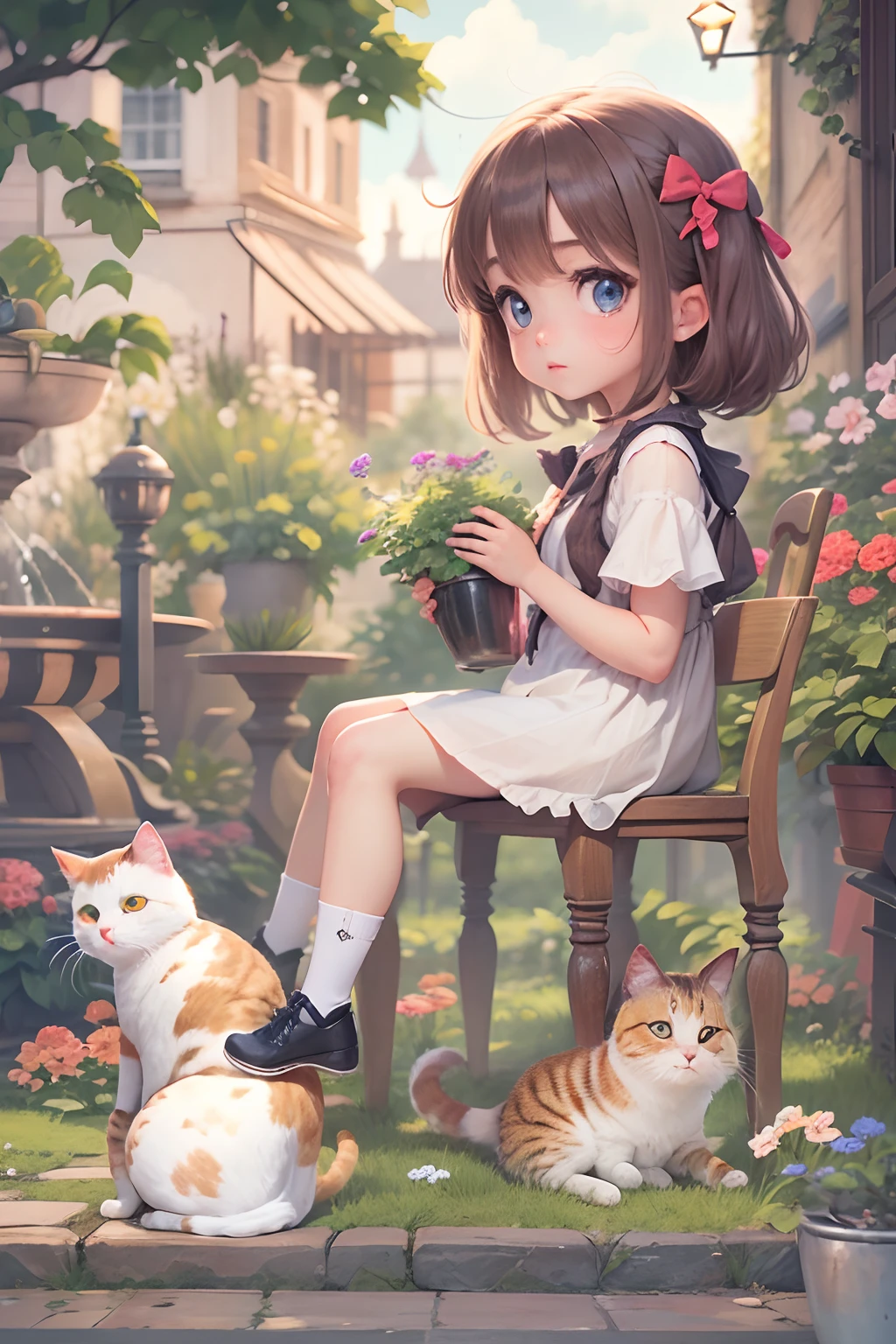 A girl sits on a chair with a round-eyed cute cat, besides is a Garden fountain, , Distant houses.