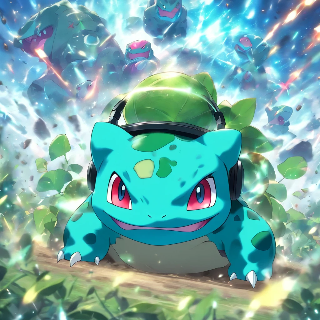 Pokémon Bulbasaur on the battlefield ，Bulbasaur has a headset, A mais alta qualidade de imagem，cinematic texture，uma obra-prima，tmasterpiece, walpaper