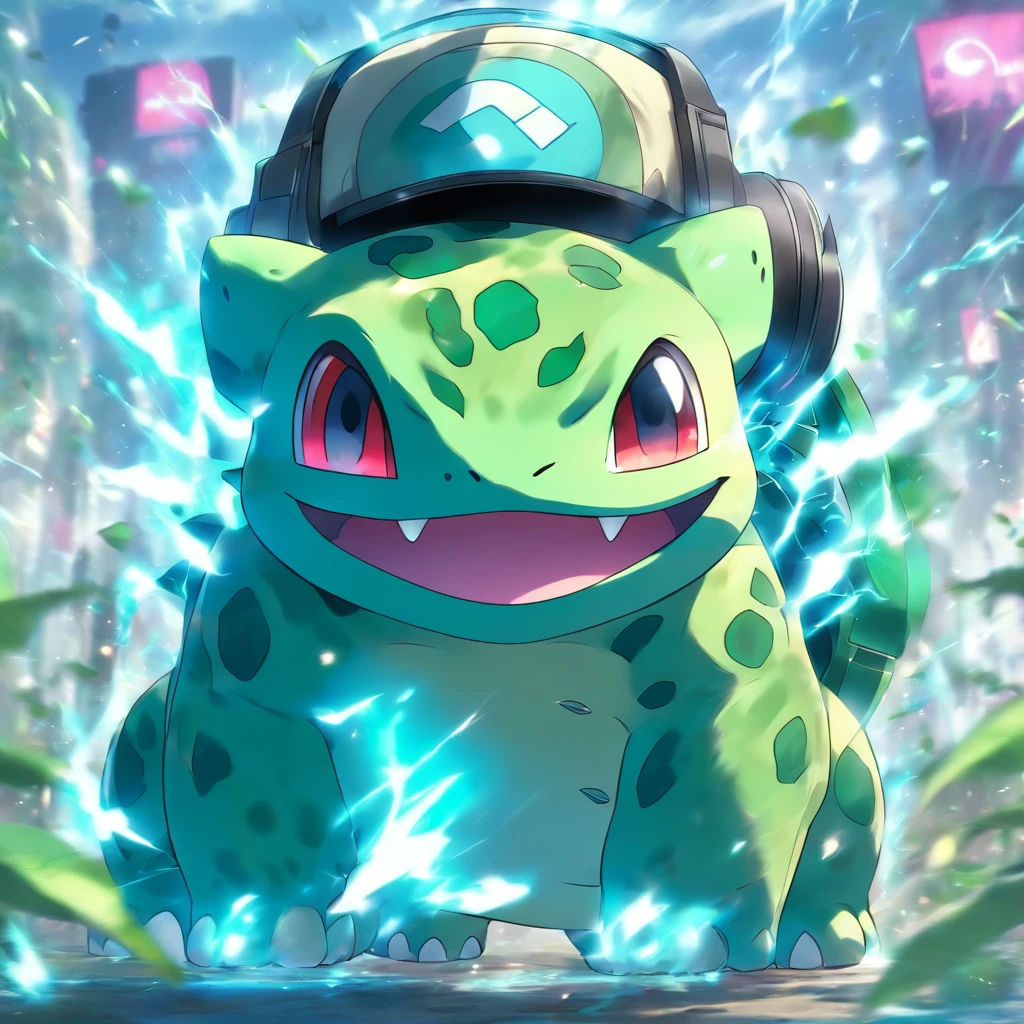 Pokémon Bulbasaur on the battlefield ，Bulbasaur has a headset, A mais alta qualidade de imagem，cinematic texture，uma obra-prima，tmasterpiece, walpaper