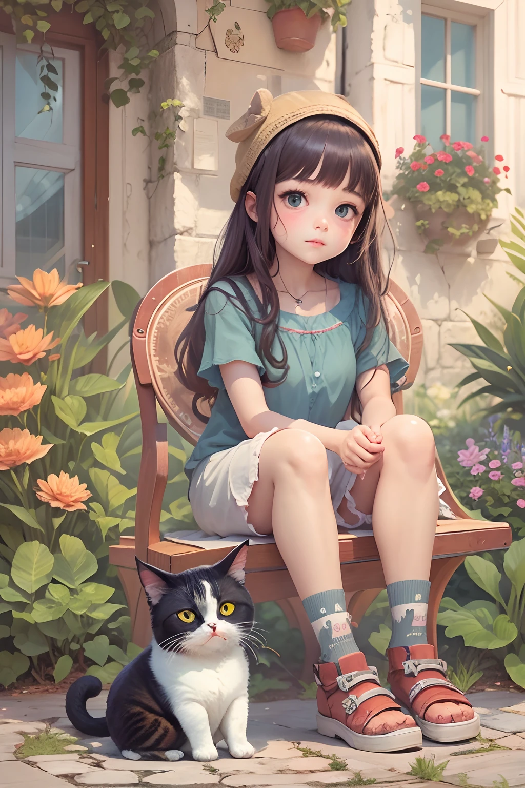 A girl sits on a chair with a round-eyed cute cat, besides is a Garden fountain, , Distant houses.