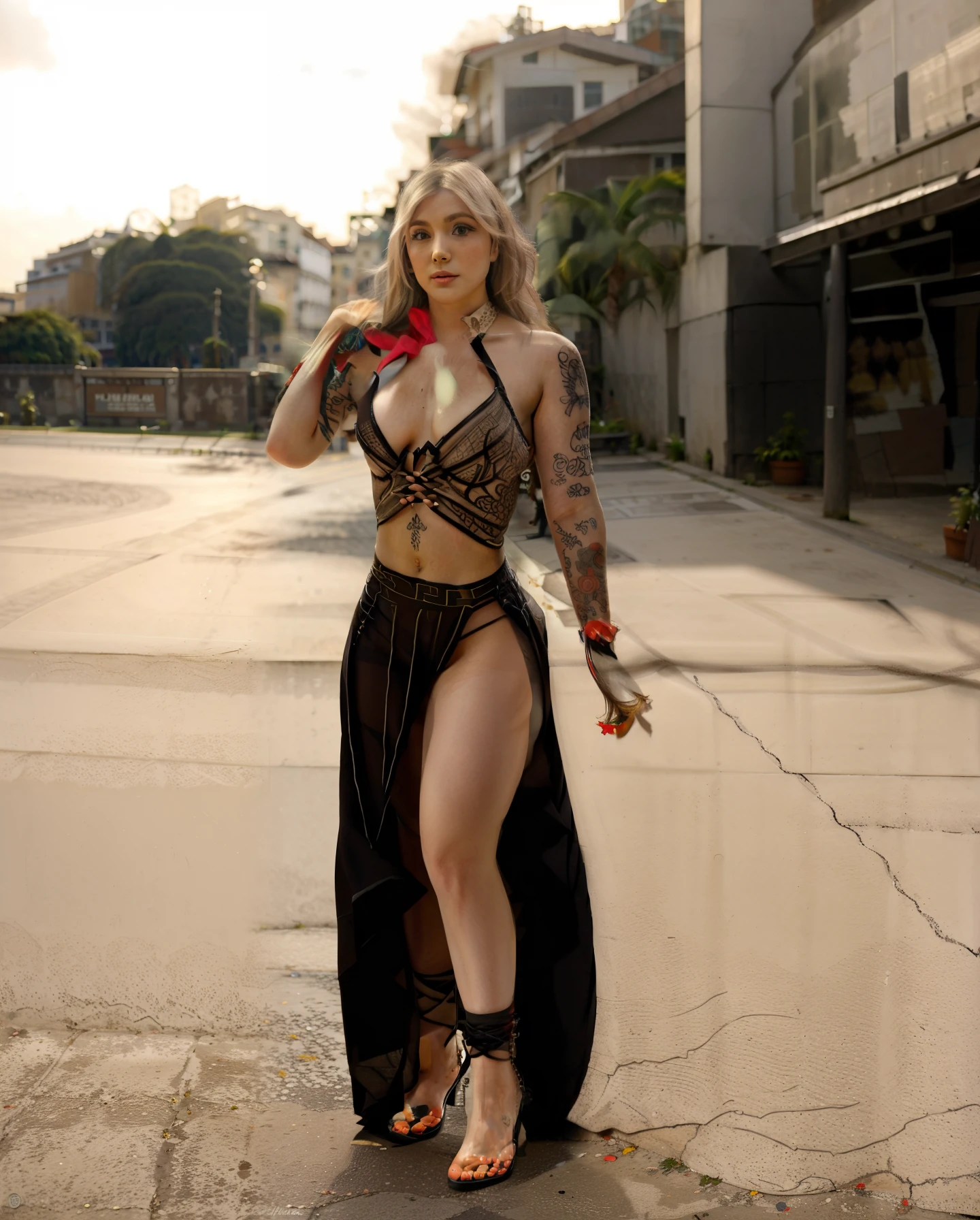 A woman in a black dress standing on a street with a tattoo on her arm, vestido guerreiro, Parece Fabiula Nascimento, vestido sexy, vestido sexy, corpo inteiro!!!, roupa sexy, comprimento de corpo inteiro, Lorena Avarez, corpo inteiro feminino, roupa intrincada, Marischa Becker, roupa muito sexy, mulheres de corpo inteiro, Deusa Romana, Estilo sexy,coxas grossas, Abdome definido e rasgado