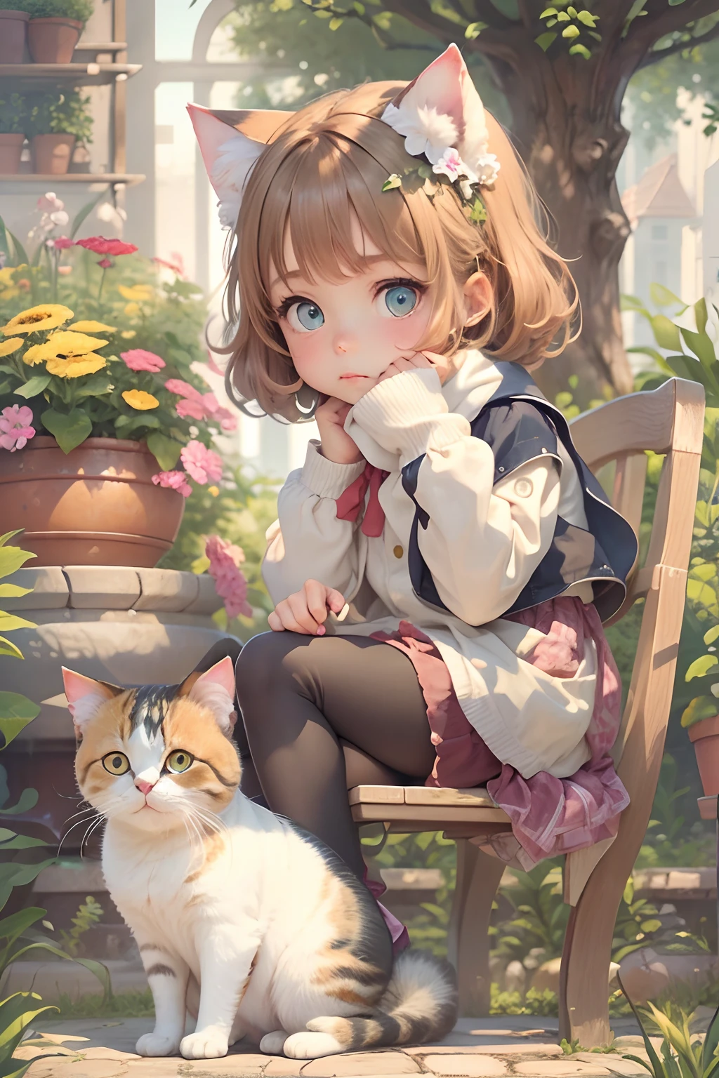 A girl sits on a chair with a round-eyed cute cat, Garden fountain, , Distant houses.