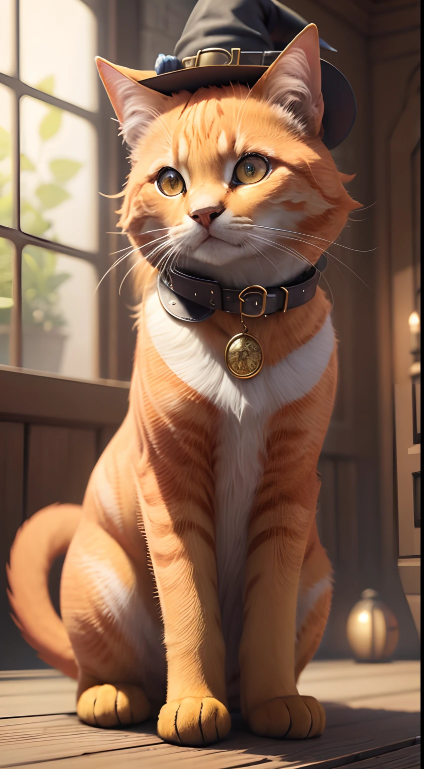 (masterpiece), orange cat,a cg render of a cat [:with a witch hat, black hat:8] , cat sitting, (animal), professional imge,4k,cute, magic,magical, (no_humans:1.5), spell, beautiful furr, four paws, glow, steampunk style, golden details, beautiful tail, collar, glowing penddant, fantasy, 4k, realistic,extreme details