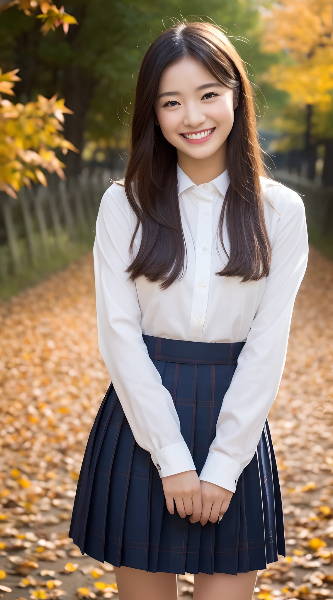 (((Top image quality、8K、1人の女性)))、((Beautie、Beautuful Women、cute little))、Japan school uniform、Sexy legs、Wearing a uniform、Random Poses、Colored leaves、Landscape of autumn leaves nature background、modeled、独奏、nightcity、Stylish clothes、Fashionable clothes、natural make up、20yr old、japanes、A smile、ssmile