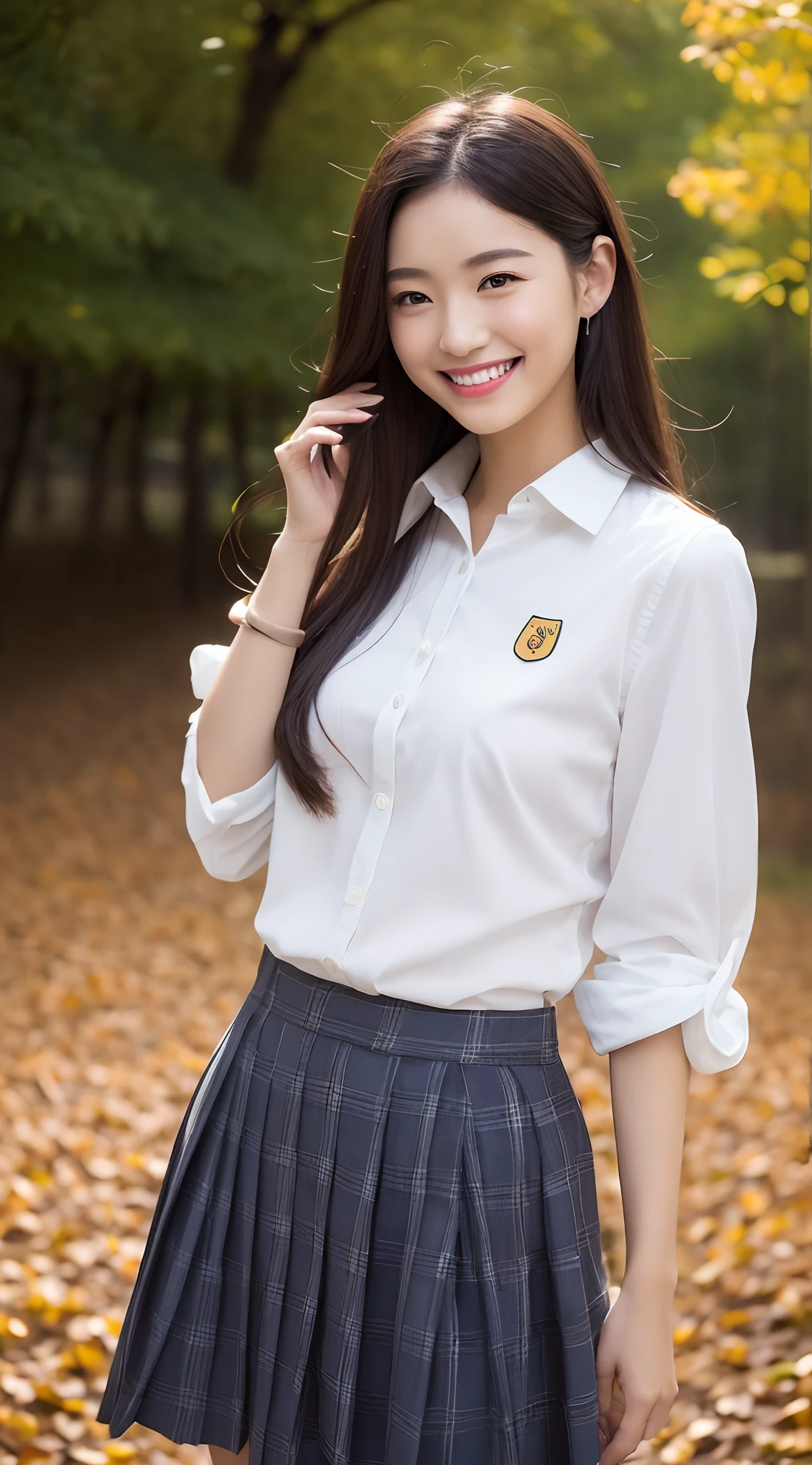 (((Top image quality、8K、1人の女性)))、((Beautie、Beautuful Women、cute little))、Japan school uniform、Sexy legs、Wearing a uniform、Random Poses、Colored leaves、Landscape of autumn leaves nature background、modeled、独奏、nightcity、Stylish clothes、Fashionable clothes、natural make up、20yr old、japanes、A smile、ssmile