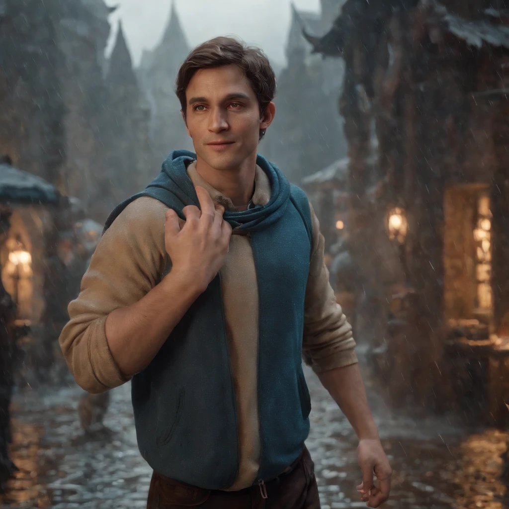(professional 3d render:1.3) af (Realistic:1.3) most beautiful artwork photo in the world,standing with 30 years old man in a blue hoodie, fancy, freelancer, smiling, standing full-frontal, Full-length, Body and head directly in the photo, DSRL, facing the viewer of the photo, Eyes fixed on the lens, The shoulders and head appear in the photo, The man in the center in the photo, full body 8k unity render, action shot, skin pore, very dark lighting, heavyshading, Detailed, Detailed face, (vibrant, photograph realistic, Realistic, Dramatic, Dark, Sharp focus, 8K), (Intricate:1.4), decadent, (Highly detailed:1.4), Digital painting, rendering by octane, art stations, concept-art, smooth, Sharp focus, illustration, (loish:0.23), (Global illumination, Studio light, volumettic light), heavy rain, particles floating, lotr, fantasy, elf, full bodyesbian, ((Dark and ancient city background:1.3)),CGSesociety,art stations