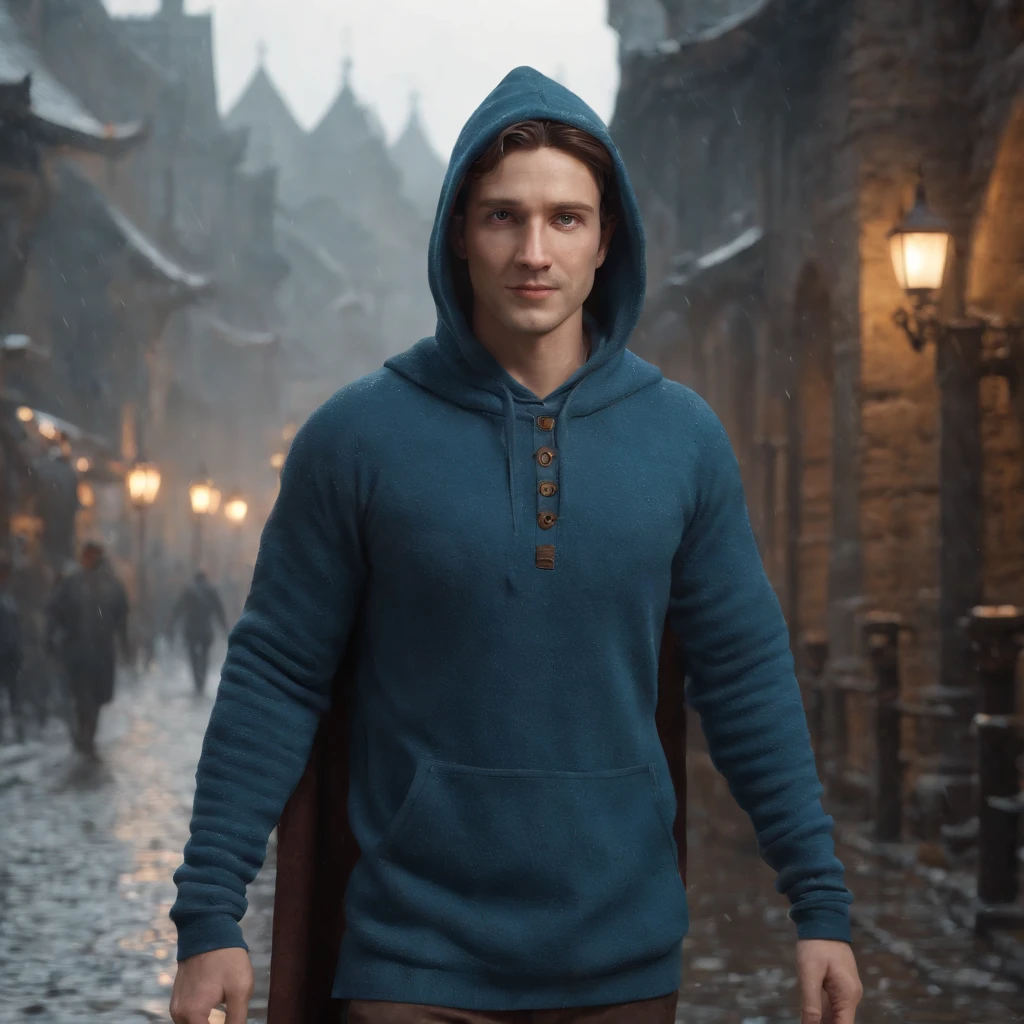 (professional 3d render:1.3) af (Realistic:1.3) most beautiful artwork photo in the world，standing with 30 years old man in a blue hoodie, fancy, freelancer, smiling, standing full-frontal, Full-length, Body and head directly in the photo, DSRL, facing the viewer of the photo, Eyes fixed on the lens, The shoulders and head appear in the photo, The man in the center in the photo, full body 8k unity render, action  shot, skin pore, very dark lighting, heavyshading, Detailed, Detailed face, (vibrant, photograph realistic, Realistic, Dramatic, Dark, Sharp focus, 8K), (Intricate:1.4), decadent, (Highly detailed:1.4), Digital painting, rendering by octane, art  stations, concept-art, smooth, Sharp focus, illustration, (loish:0.23), (Global illumination, Studio light, volumettic light), heavy rain, particles floating, lotr, fantasy, elf, full bodyesbian, ((Dark and ancient city background:1.3)),CGSesociety,art  stations