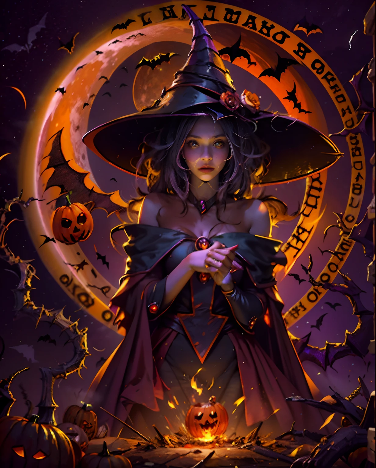 Dark magician gils bruja, Create a mesmerizing piece of digital art depicting a mesmerizing woman exuding ethereal beauty under the bewitching glow of a blood moon on Halloween night.