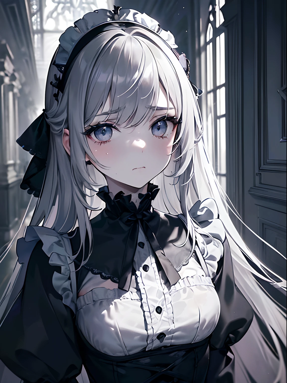 Anime girl with long white hair and black dress in a dark room - SeaArt AI