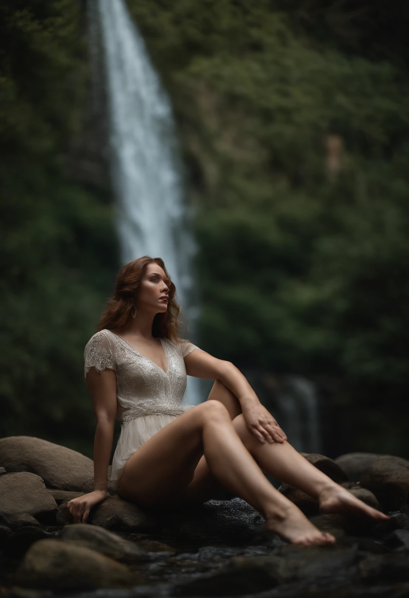 A nude photo of Madeline Ford, knees bent, legs spread, laying on back, view from feet, waterfalls in background