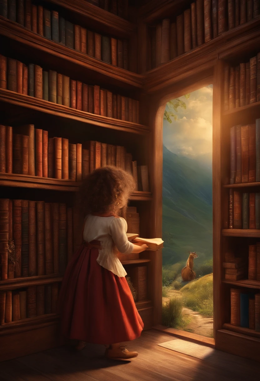 A bookshelf with a little girl picking up a book from Narnia
