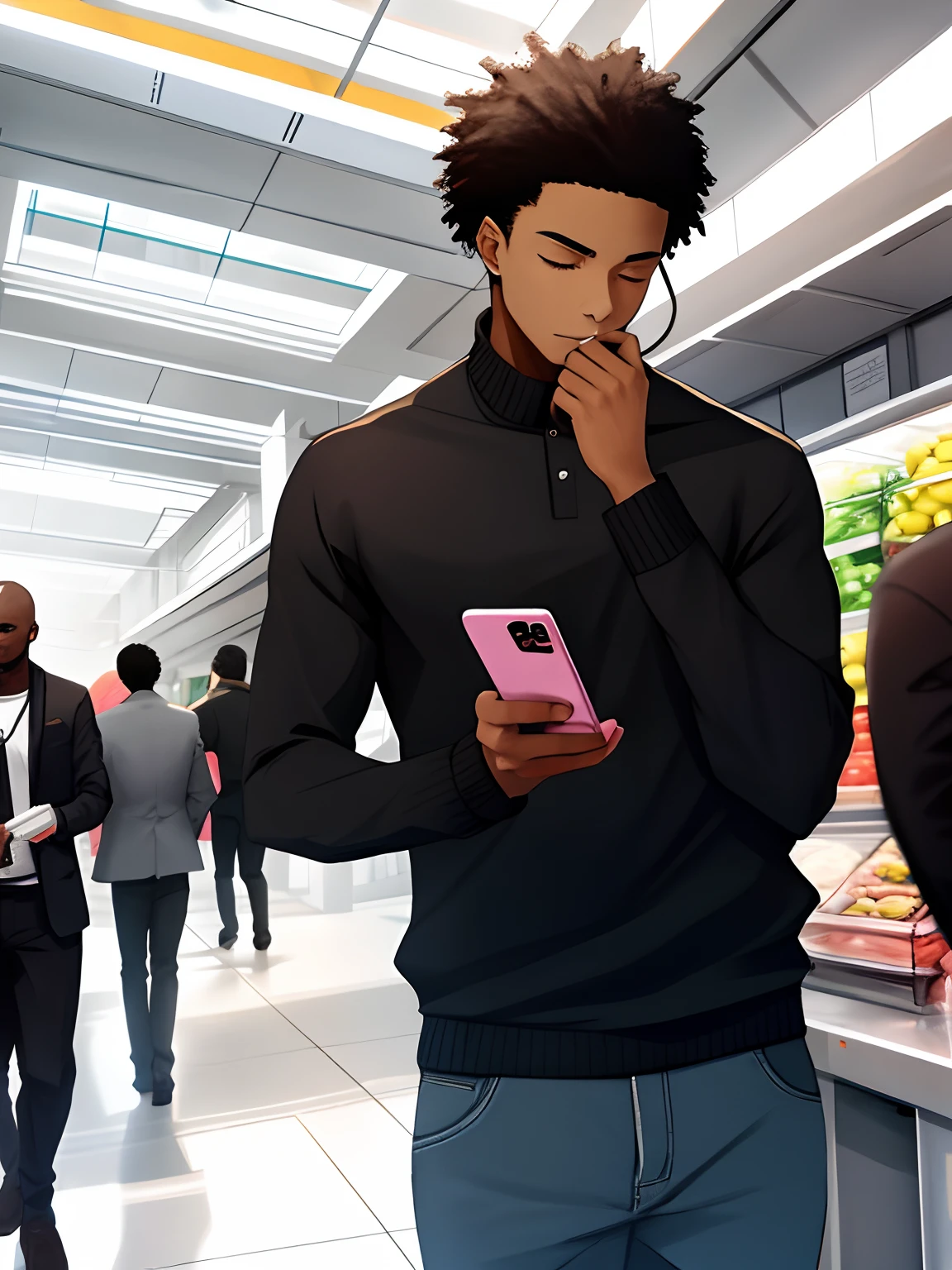 Black man in his phone, hyperdetailled