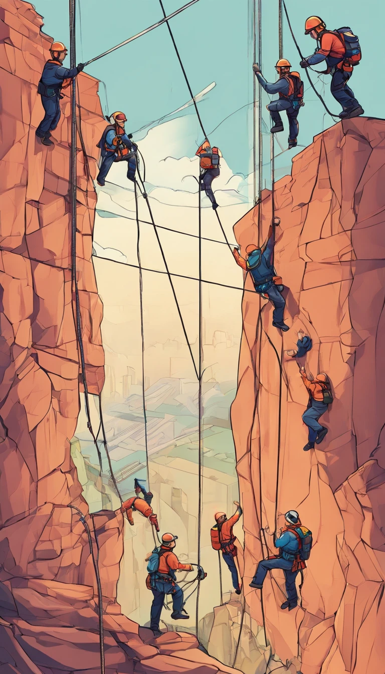 Personnel conducting rope rescue training，(A group of climbers:1.1),Rescue operations,action sports,Climbing,Cord,Courage,(Heroic rescue scene:1.2),Emergency Response Team,full body shot of, (Jaw-dropping effect), ,(Studio lighting), hyper HD,