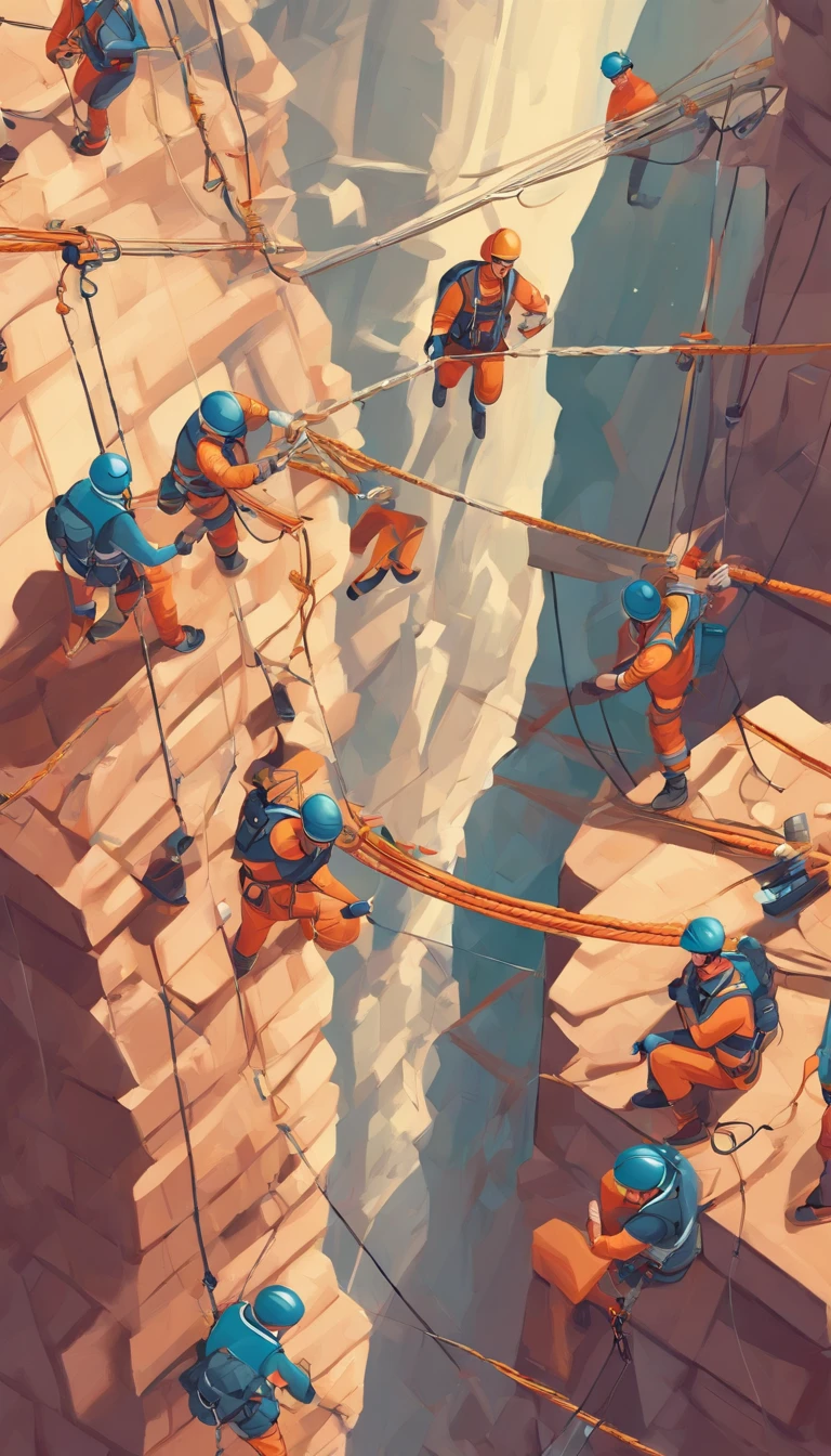 Personnel conducting rope rescue training,(A group of climbers:1.1),Rescue operations,action sports,Climbing,Cord,Courage,(Heroic rescue scene:1.2),Emergency Response Team,full body shot of, (Jaw-dropping effect), ,(Studio lighting), hyper HD,
