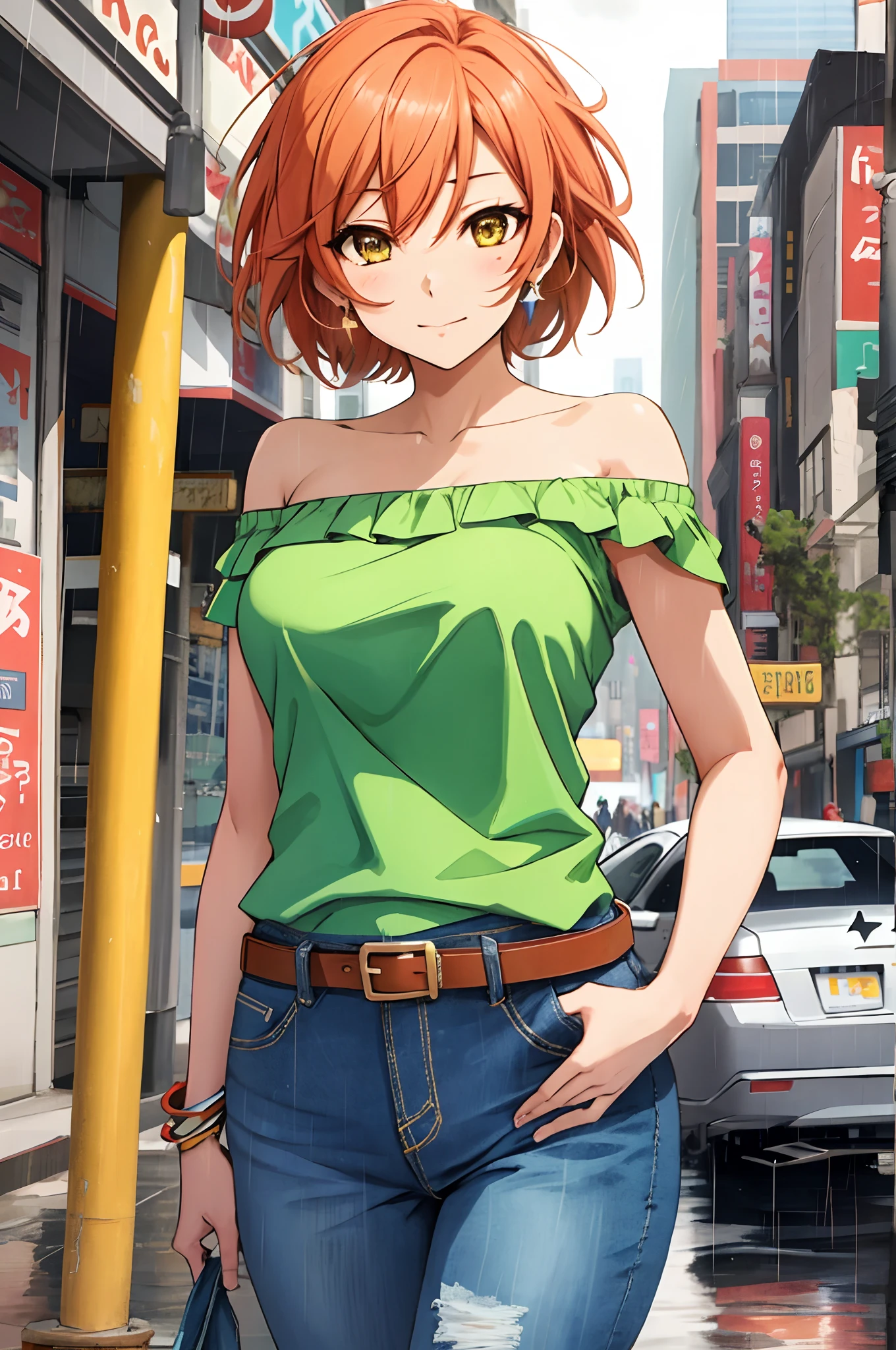 Hoshizora rin, Best Quality,(beauty), 1girl,phisically-based render ,ultra highres,(cowboy shot:1.5),narrow waist, skinny, big eyes,long legs,jeans,leather belt,small breasts,puffy eyes, leather belt,(rainy city), shiny skin, facing viewer, Victory posture,(midriff:0.7), sweating, flying sweat drops,off shoulder