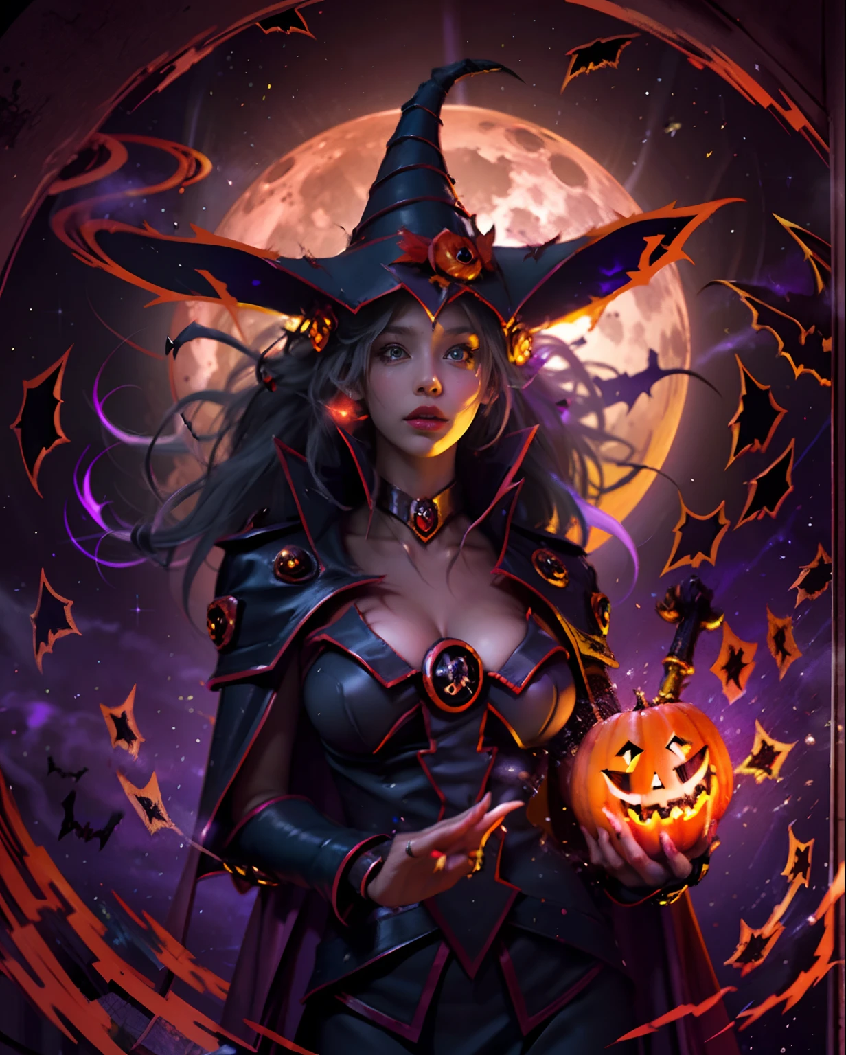Dark magician gils bruja, Create a mesmerizing piece of digital art depicting a mesmerizing woman exuding ethereal beauty under the bewitching glow of a blood moon on Halloween night.
