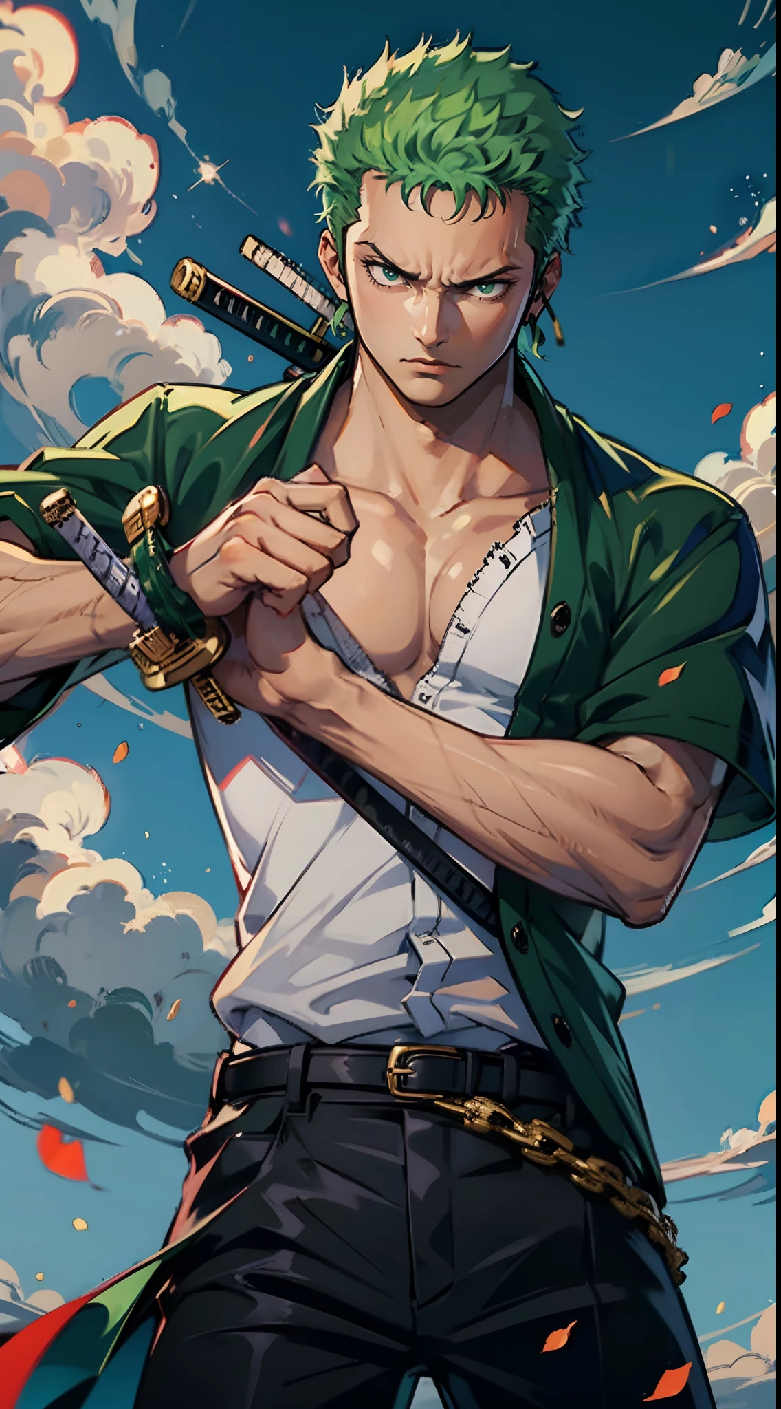 (4k quality),Roronoa Zoro, 1 boy, holding sword, Battle pose, blue sky, serious face,