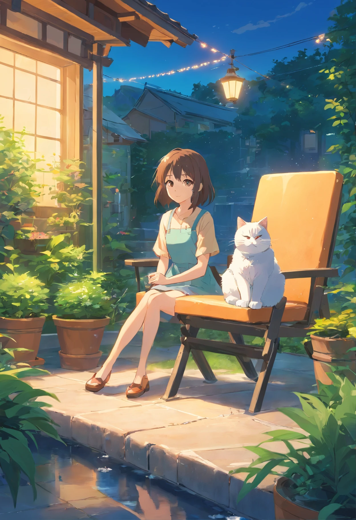 A girl sits on a chair with a round-eyed cute cat, Garden fountain, , Distant houses.
