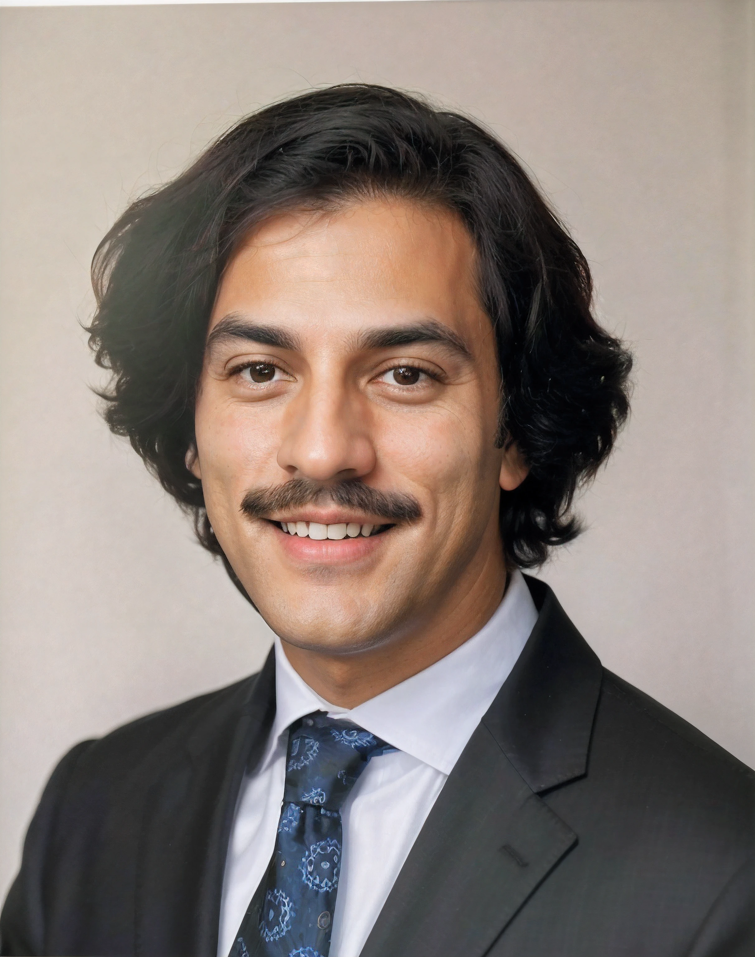 There's a man with a very big black mustache, de terno e gravata sorrindo para uma foto, retrato de alta qualidade, Terno Preto, White shirt and blue tie with a pattern design, longos cabelos castanhos escuros, olhos negros, veste um (bigode grande), sorridente, pele clara, Foto RAW, amazing photography, melhor qualidade, 8k, alta qualidade, ultra detalhado, (melhor qualidade), (pele altamente detalhada, Afiado completo:1.2), 8k UHD, DSLR, Rosto detalhado