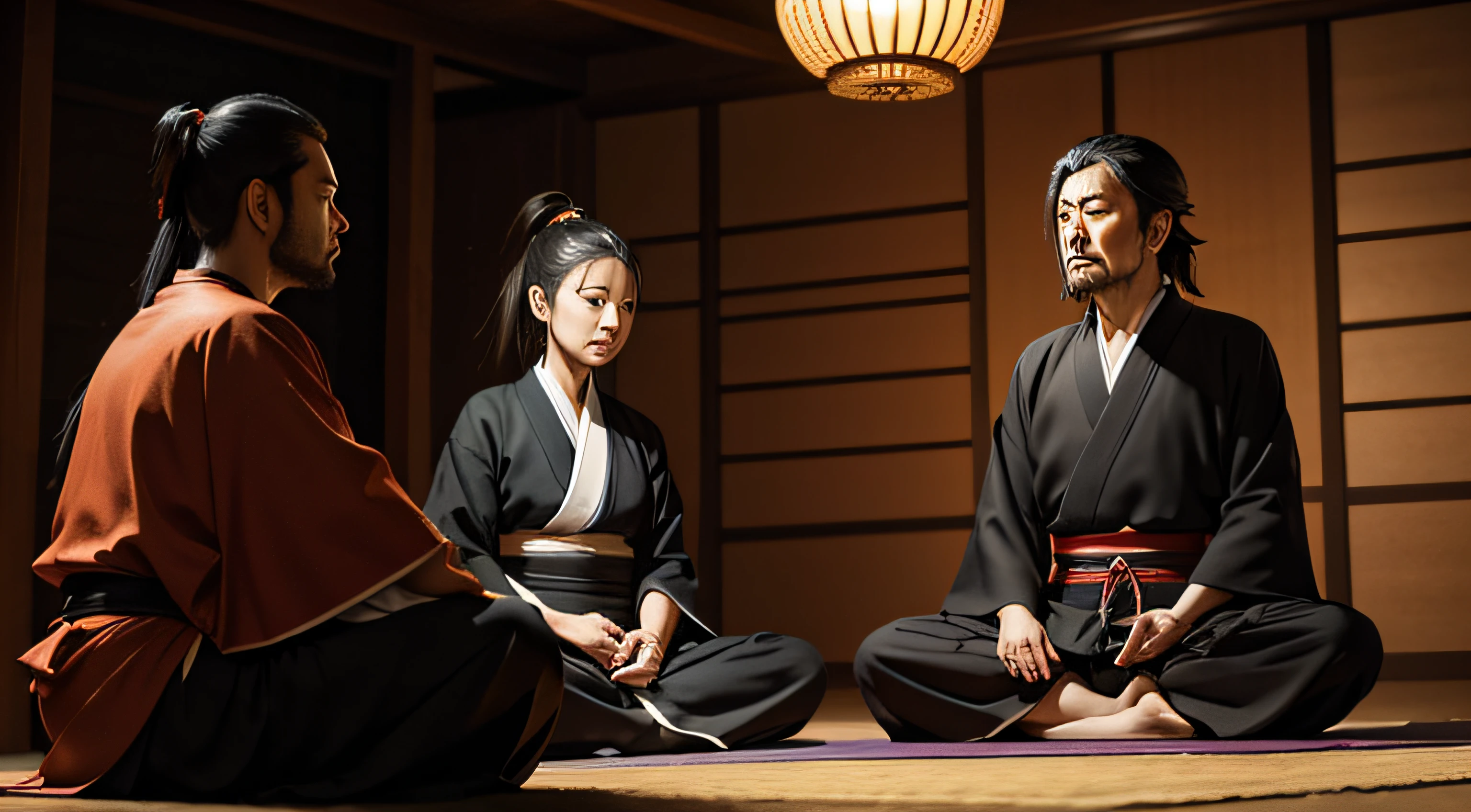 Miyamoto Musashi meditating with people around him
