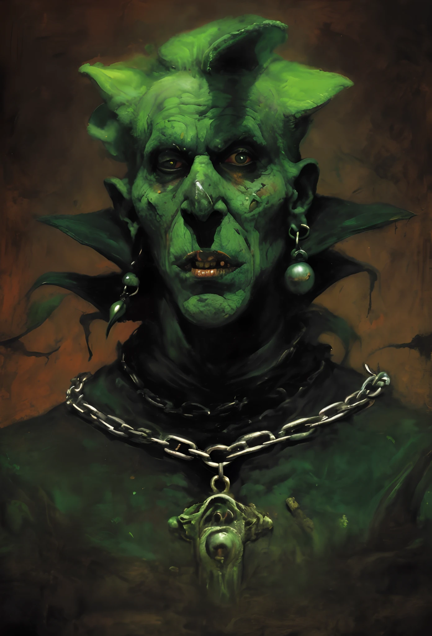 Painting of a green demon with a chain around his neck, retrato verde do duende, Retrato de um Duende, Directed by: Dave Dorman, Retrato de uma orca, medium portrait of a goblin, Retrato de um Orc, Directed by: Todd Lockwood, Bebia goblin fantasia, Gerald Brom. cores ricas, O Senhor da Peste, retrato feminino do duende, inspirado em Dave Dorman