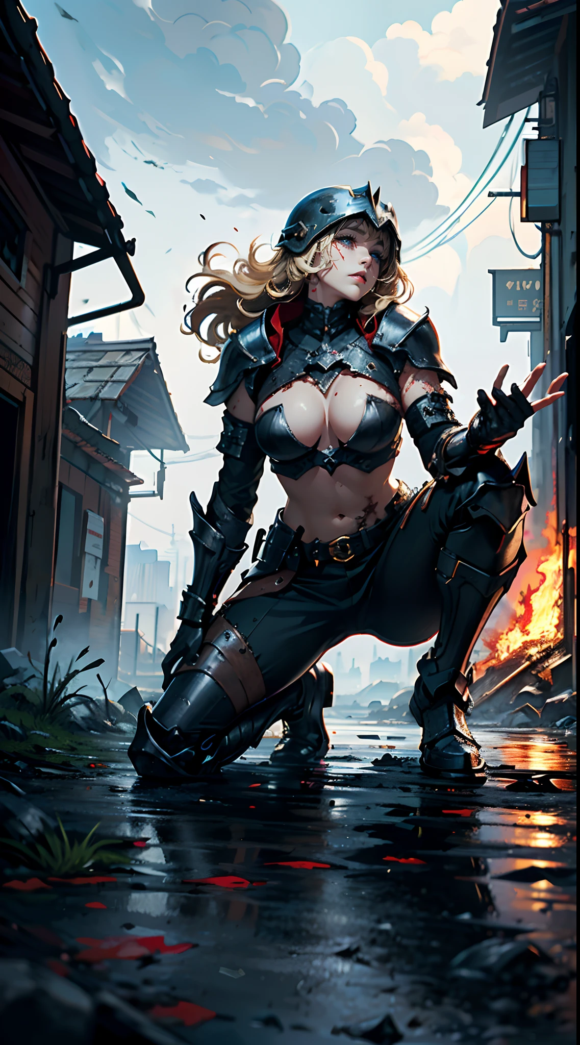blonde hair knight girl, face as if about to cry, (underboob), (extravagant armor), tall, skinny, curvy, stomach, detailed helmet, dirty skin, bloody, (exhausted girl on her knees), (red eyes), (burning city background), ((stormy background)), raining blood, cuts, scars, bloody armor, elegant woman, Warrior women, medieval city, magical environment, windy, super long beautiful hair blowing in wind, beautiful face, 4k image, high definition, photography type, master piece, detailed environment, (detailed armored pants), scars and cuts all over, bloody fabric, expansive scenery