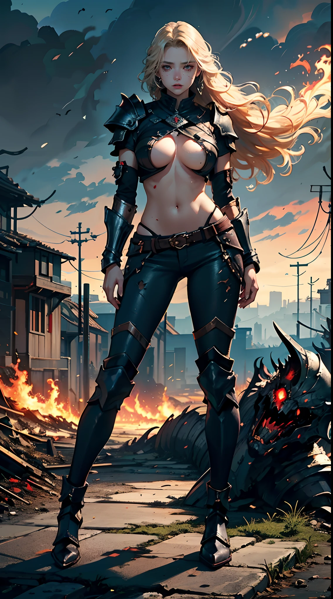 blonde hair knight girl, face as if about to cry, (underboob), (extravagant armor), tall, skinny, curvy, stomach, detailed helmet, dirty skin, bloody, (exhausted girl on her knees), (red eyes), (burning city background), ((stormy background)), raining blood, cuts, scars, bloody armor, elegant woman, Warrior women, medieval city, magical environment, windy, super long beautiful hair blowing in wind, beautiful face, 4k image, high definition, photography type, master piece, detailed environment, (detailed armored pants), scars and cuts all over, bloody fabric, expansive scenery