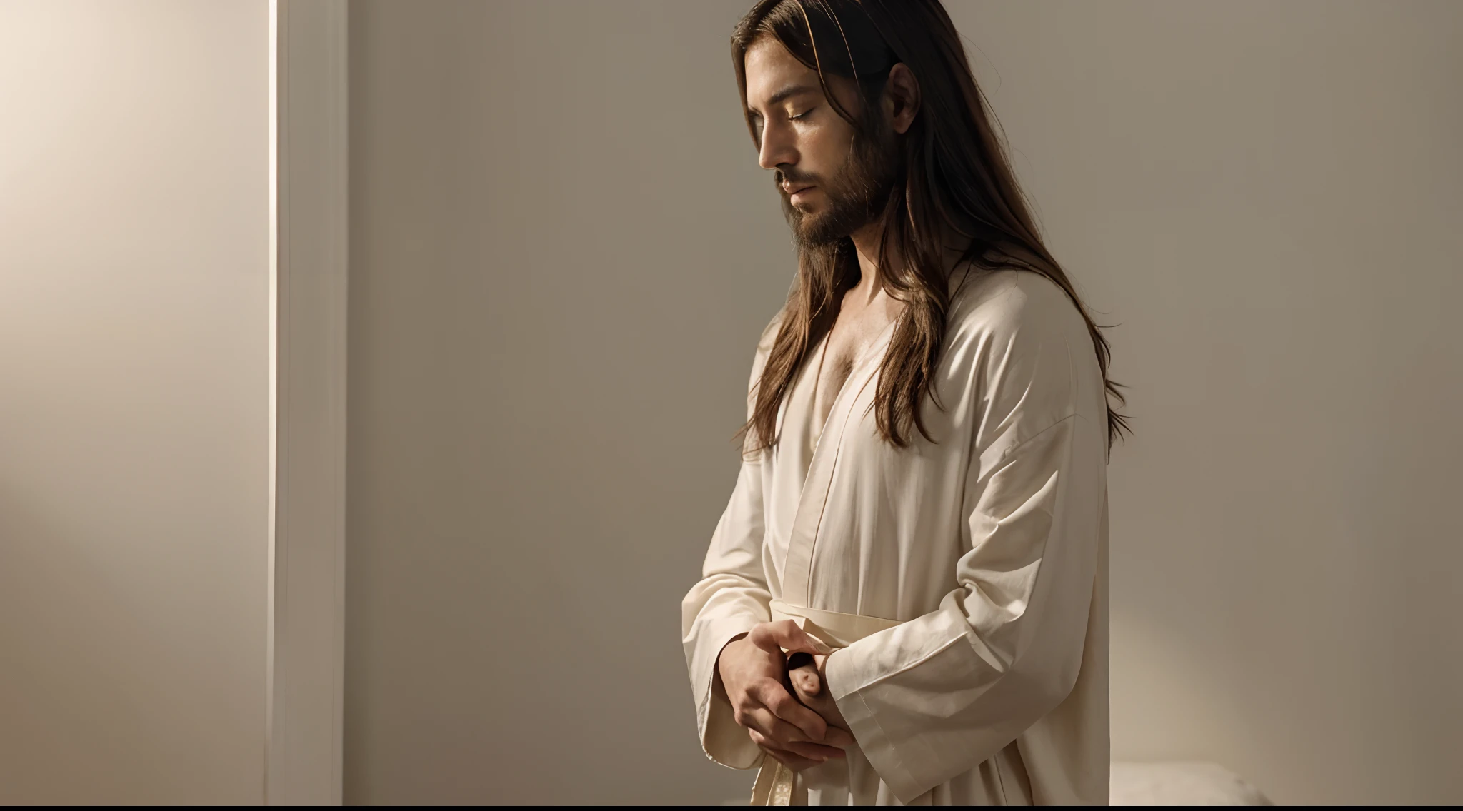 Image of Jesus Christ in a praying position. He is in profile, with closed eyes and hands clasped near his chest. Jesus' expression is serene and devout. His dark brown hair lightly falls over his shoulders, and he wears a simple light-colored robe. The entire surroundings of Jesus have a pure white background, emphasizing his figure in prayer.