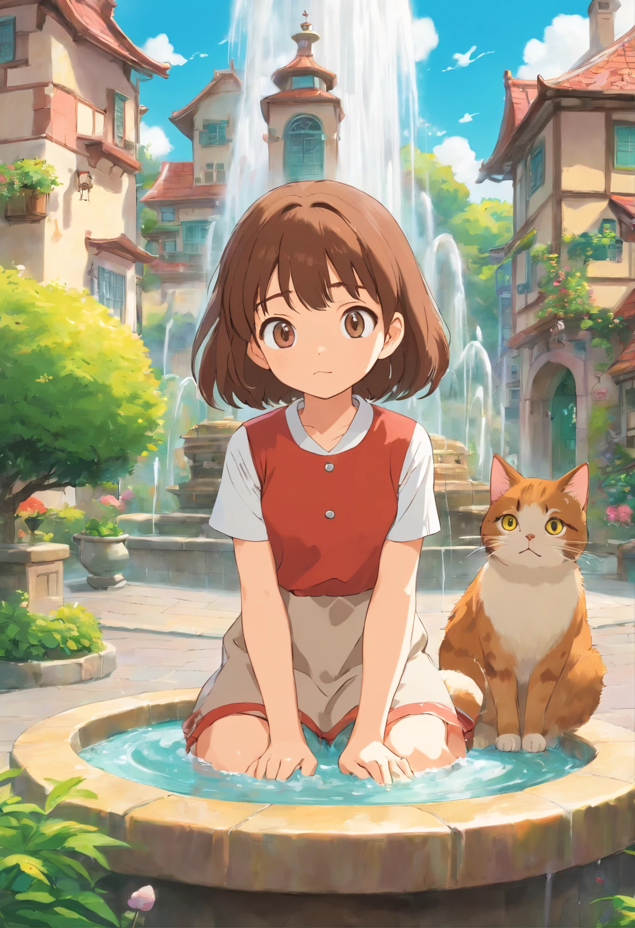 A girl, a round-eyed cute cat, Garden fountain, , Distant houses