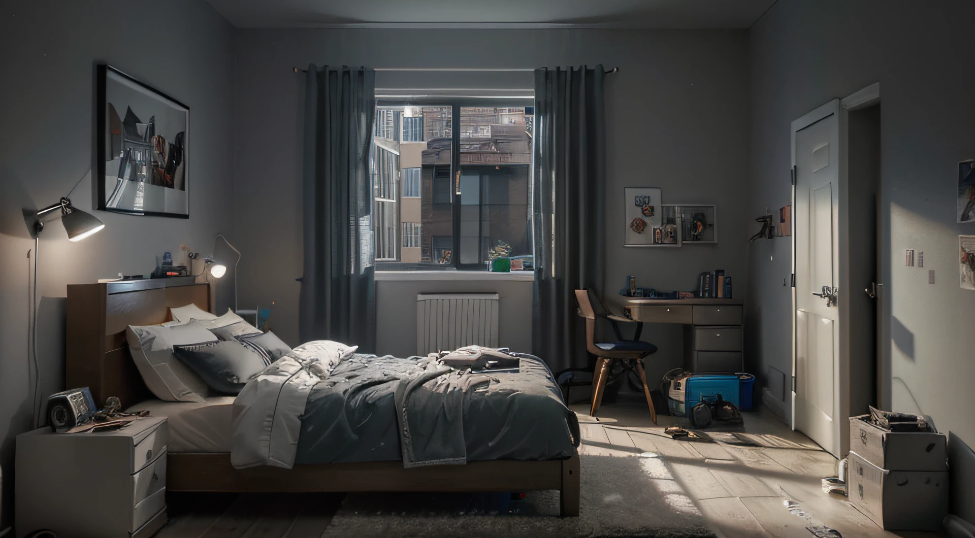 small gaming themed bedroom of a adult, dimly lit, night, slightly messy, technology enthusiast room, small windows, white walls, ultra realistic, unnatural light, (extremely detailed CG unity 8k wallpaper) award winning, 8k uhd, dslr, high quality, film grain, Fujifilm XT3 sharp focus, f 5.6, High Detail